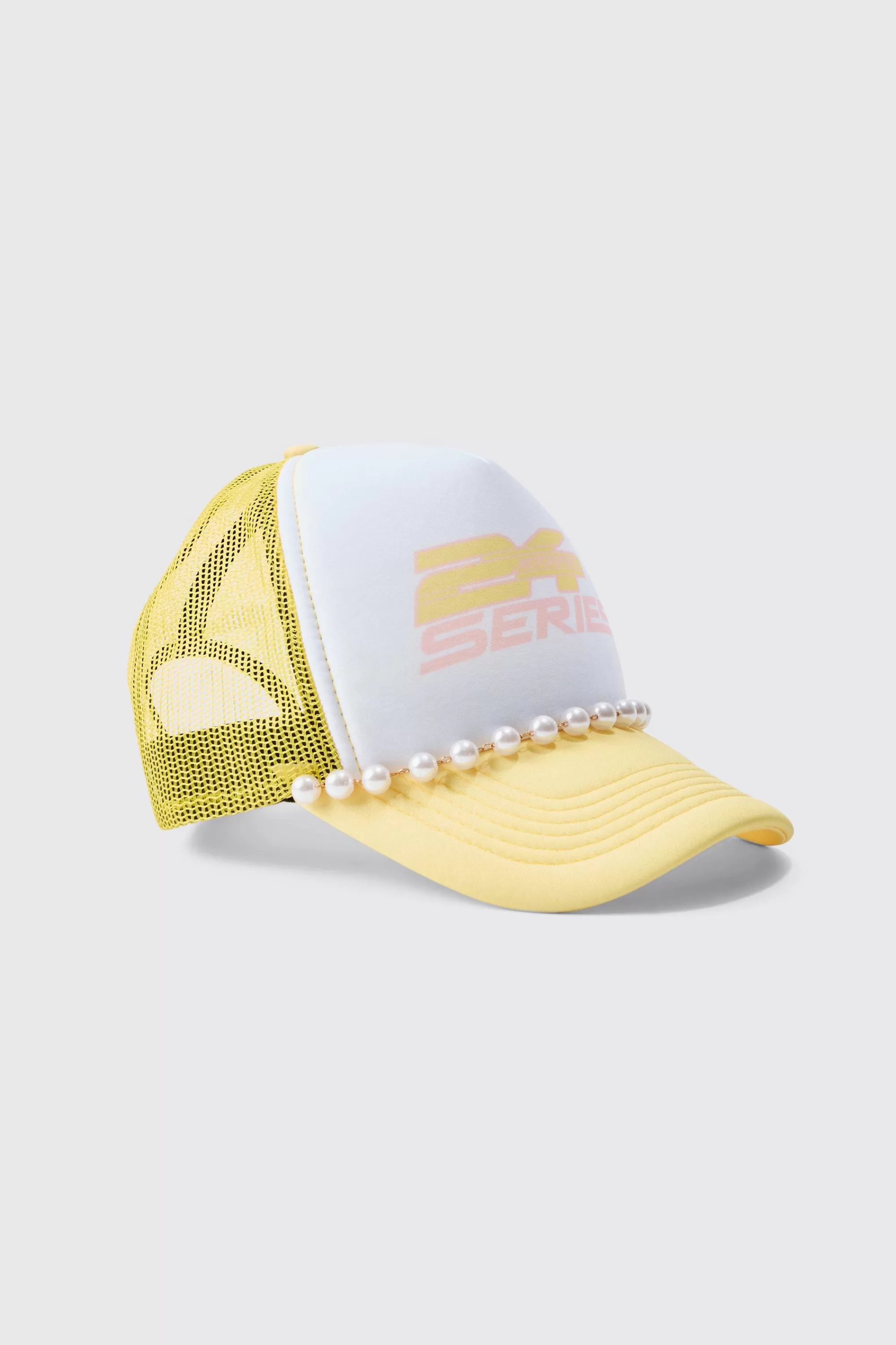 boohooMAN Slogan Foam Front Trucker Cap With Pearl Detail In Pastel | UK