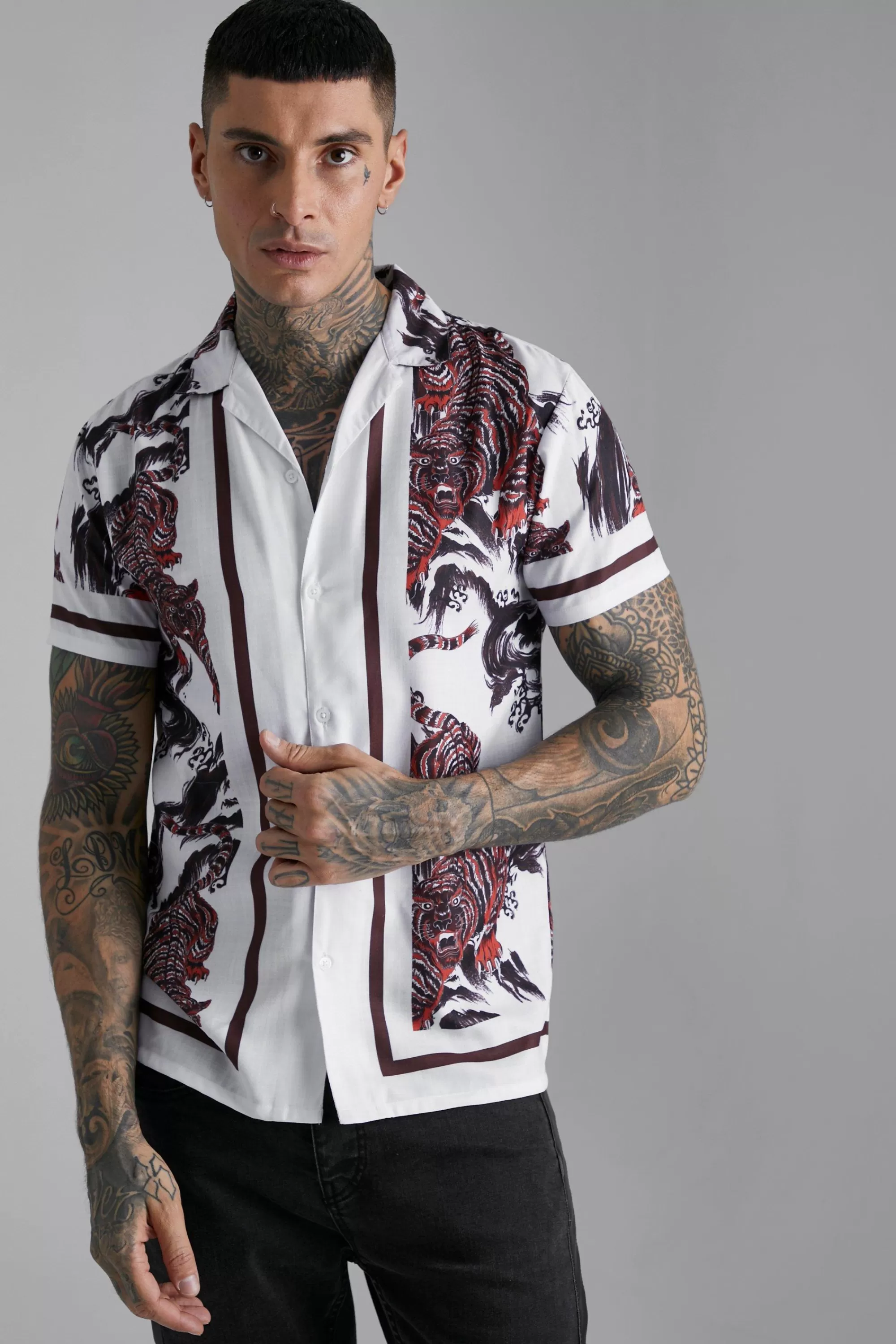 boohooMAN Slub Texture Tiger Print Shirt | UK