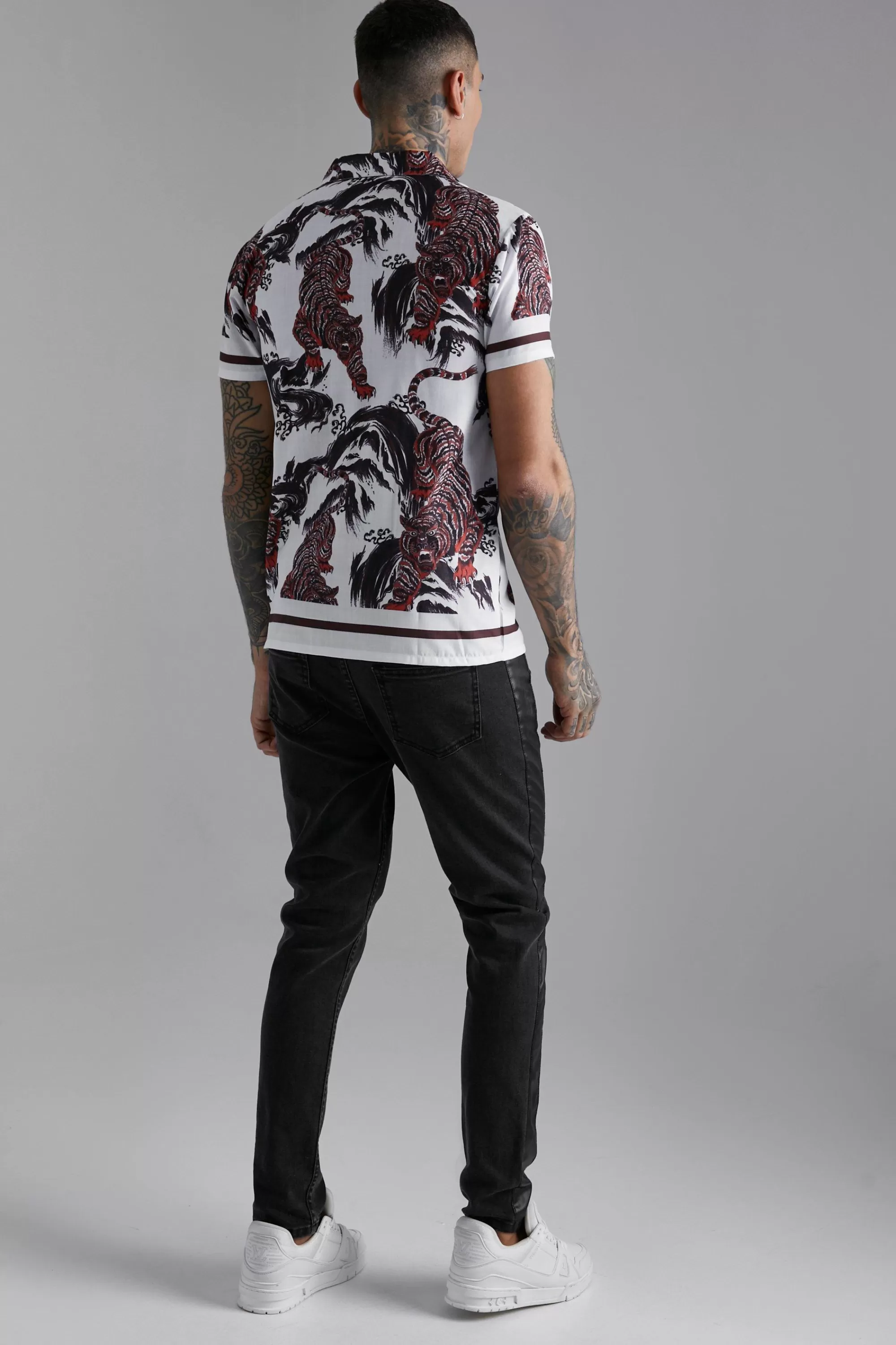 boohooMAN Slub Texture Tiger Print Shirt | UK