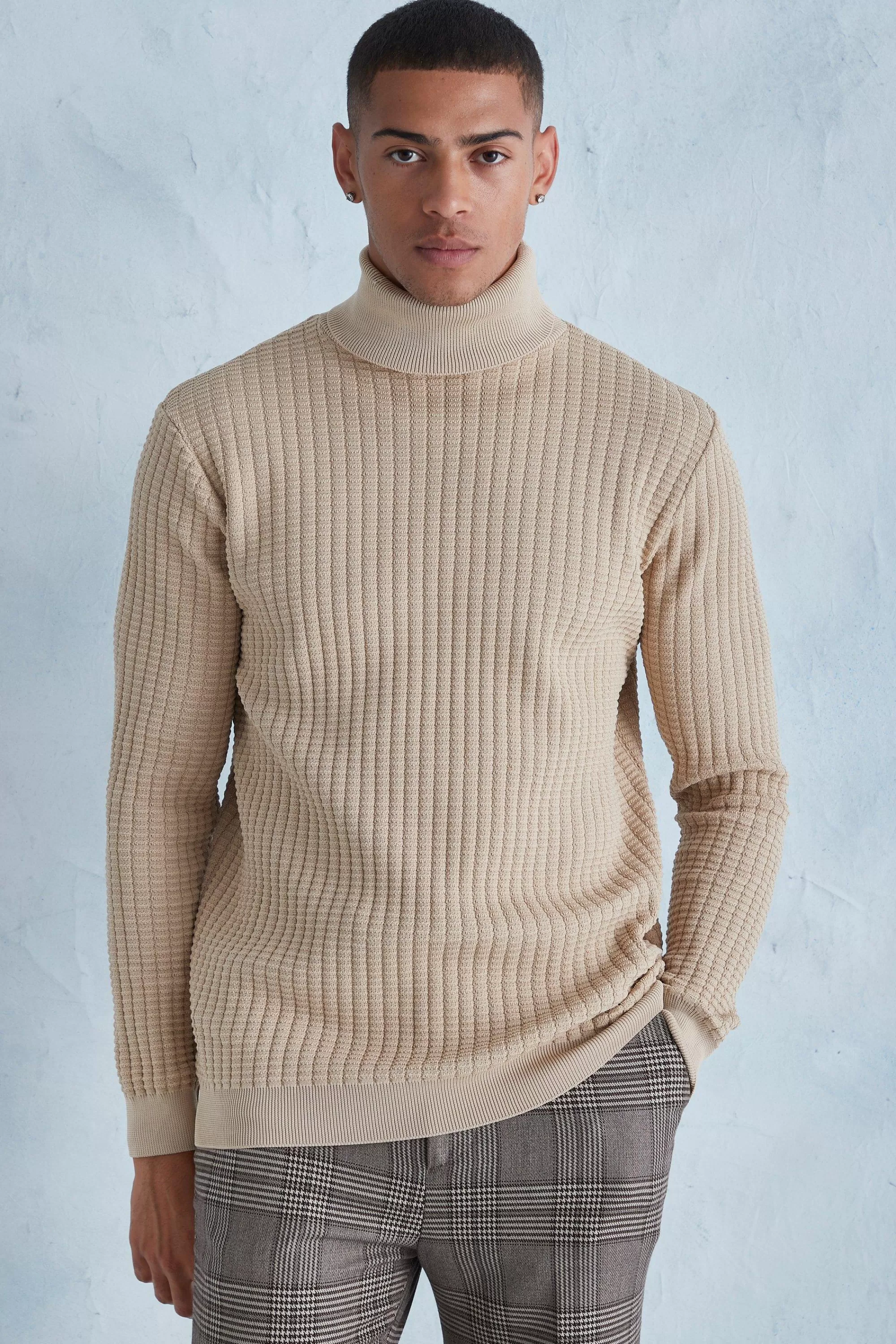boohooMAN Smart Popcorn Texture Roll Neck Jumper | UK