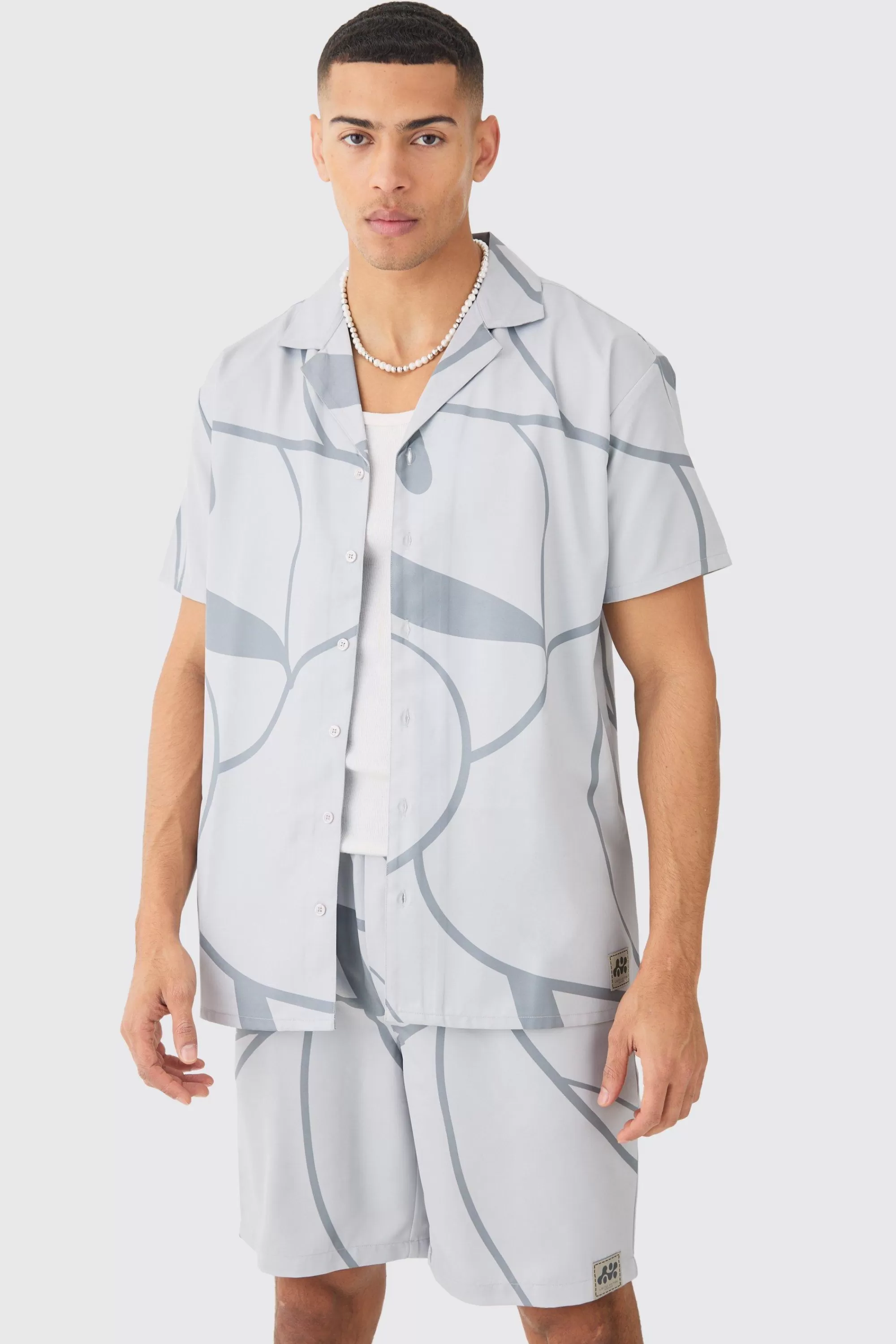 boohooMAN Soft Twill Abstract Printed Tab Shirt And Short | UK