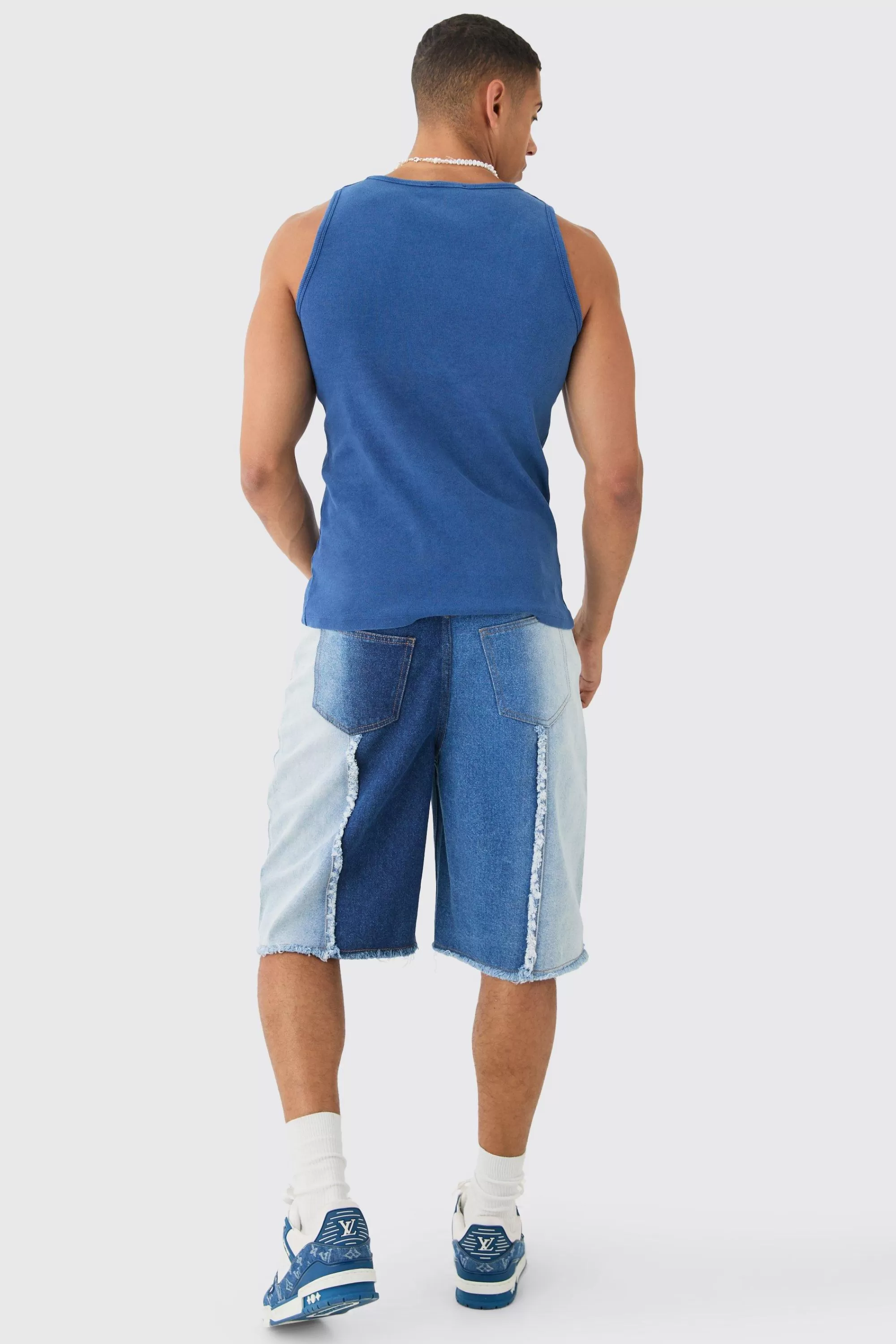 boohooMAN Spliced Distressed Denim Jorts In Blue | UK