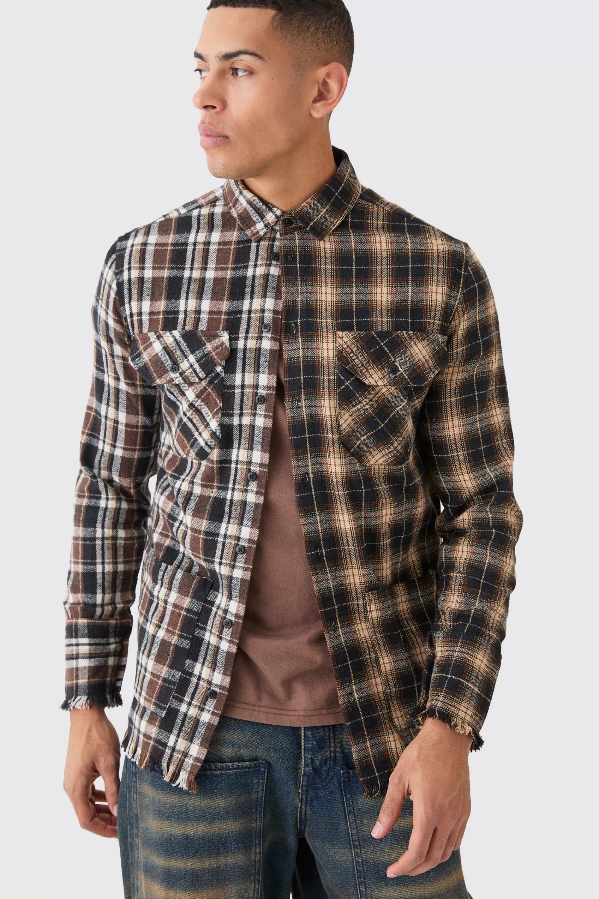 boohooMAN Spliced Frayed Check Shirt | UK
