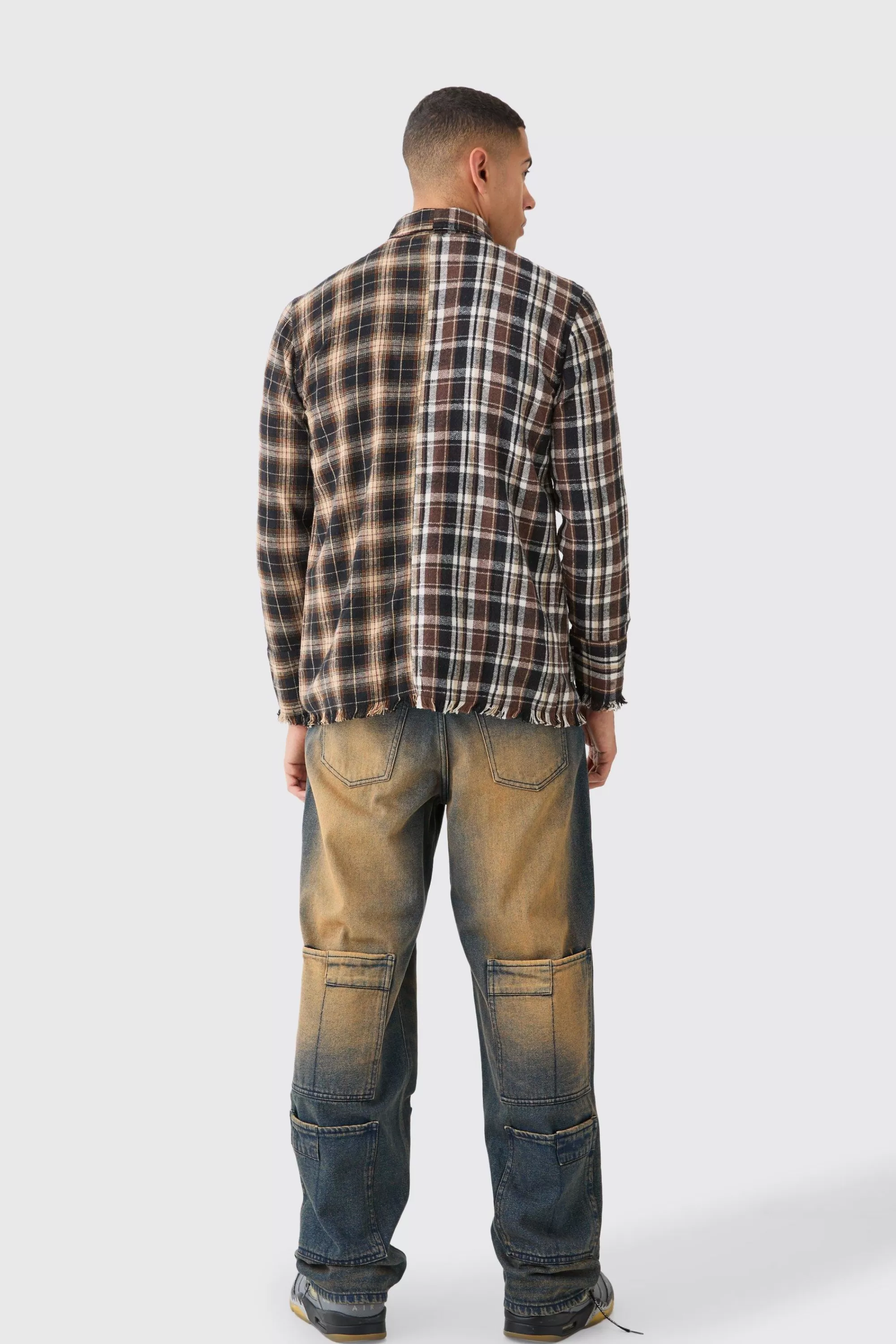 boohooMAN Spliced Frayed Check Shirt | UK