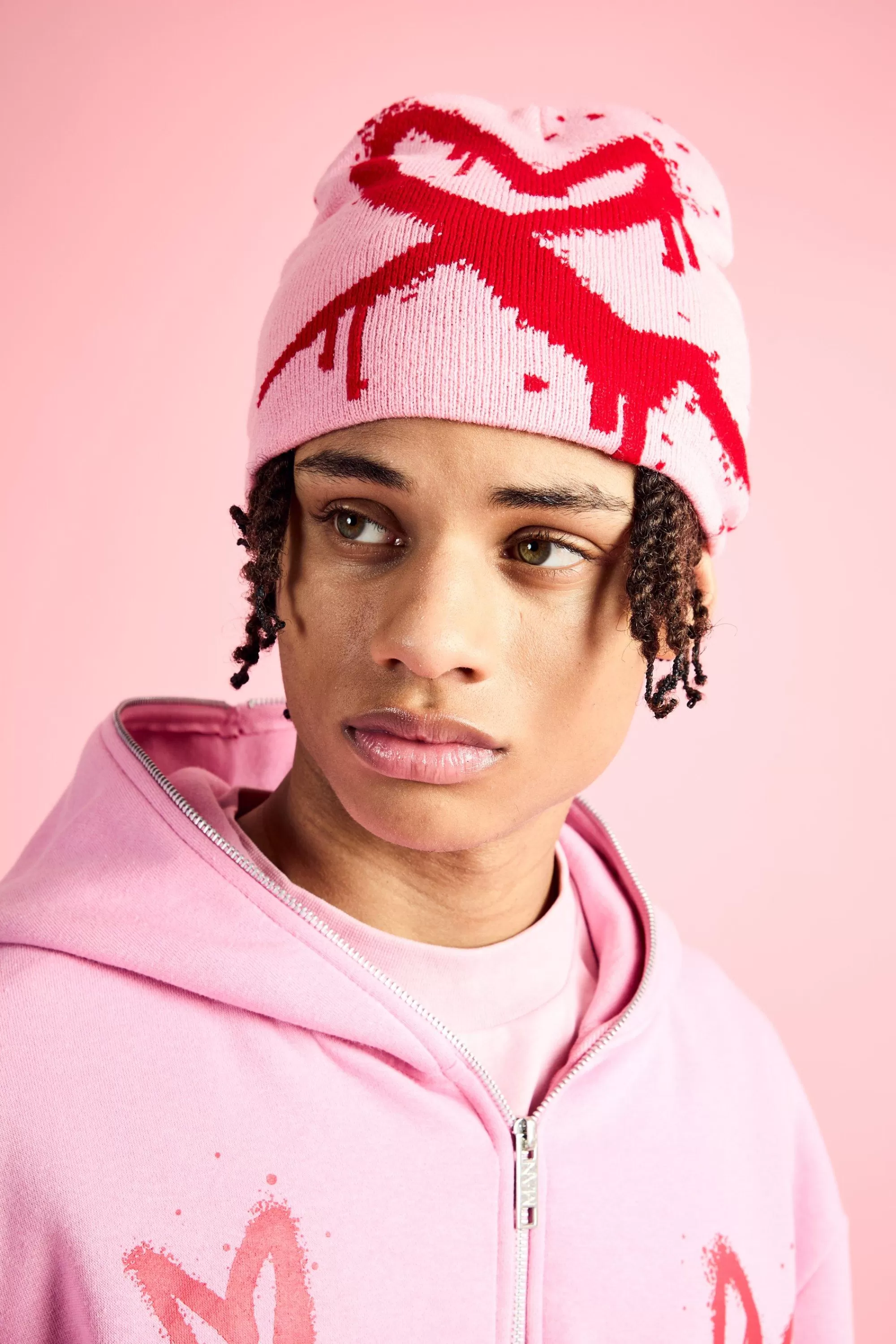 boohooMAN Spray Heart Graphic Beanie | UK