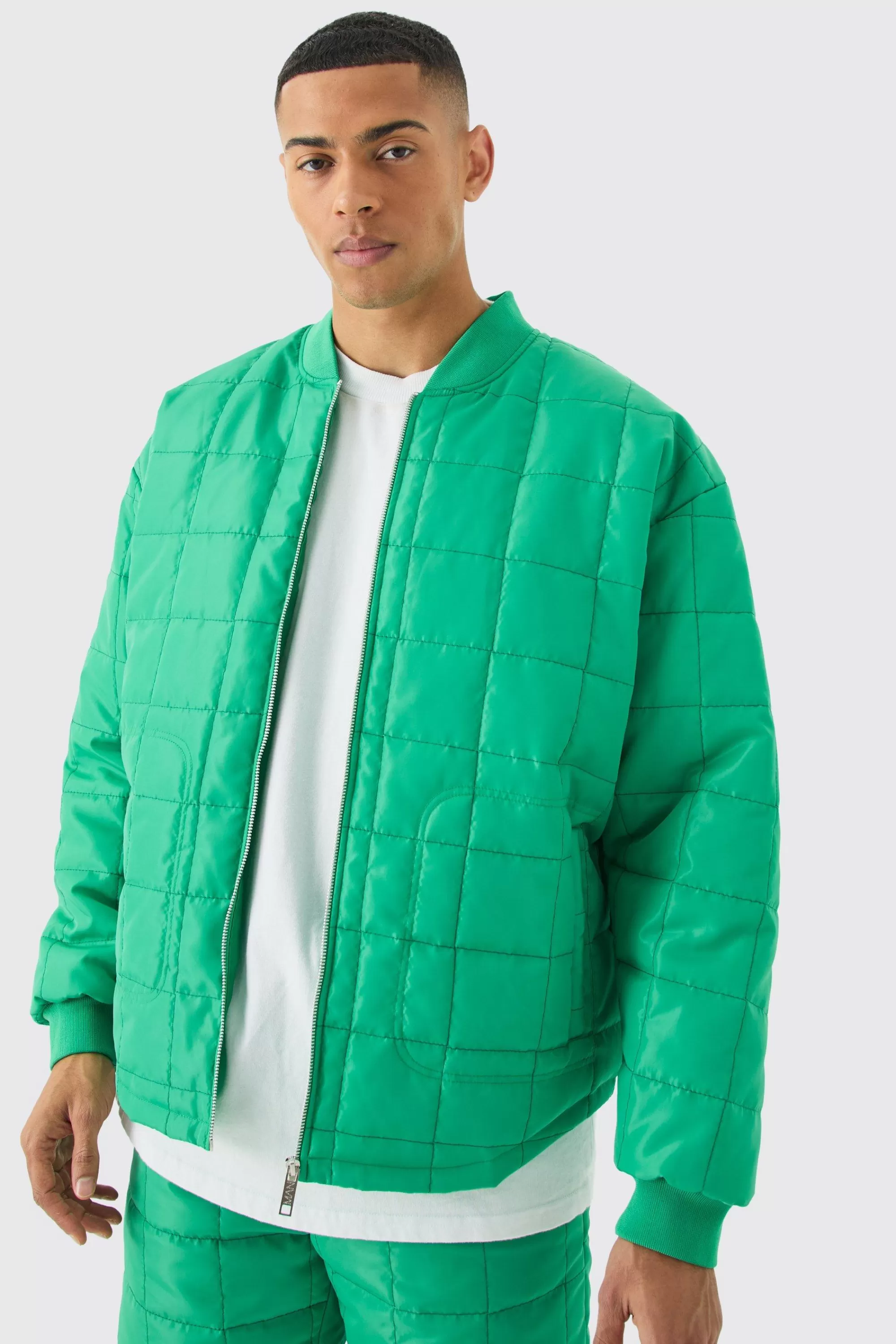 boohooMAN Square Quilted Oversized Pocket Bomber Jacket | UK