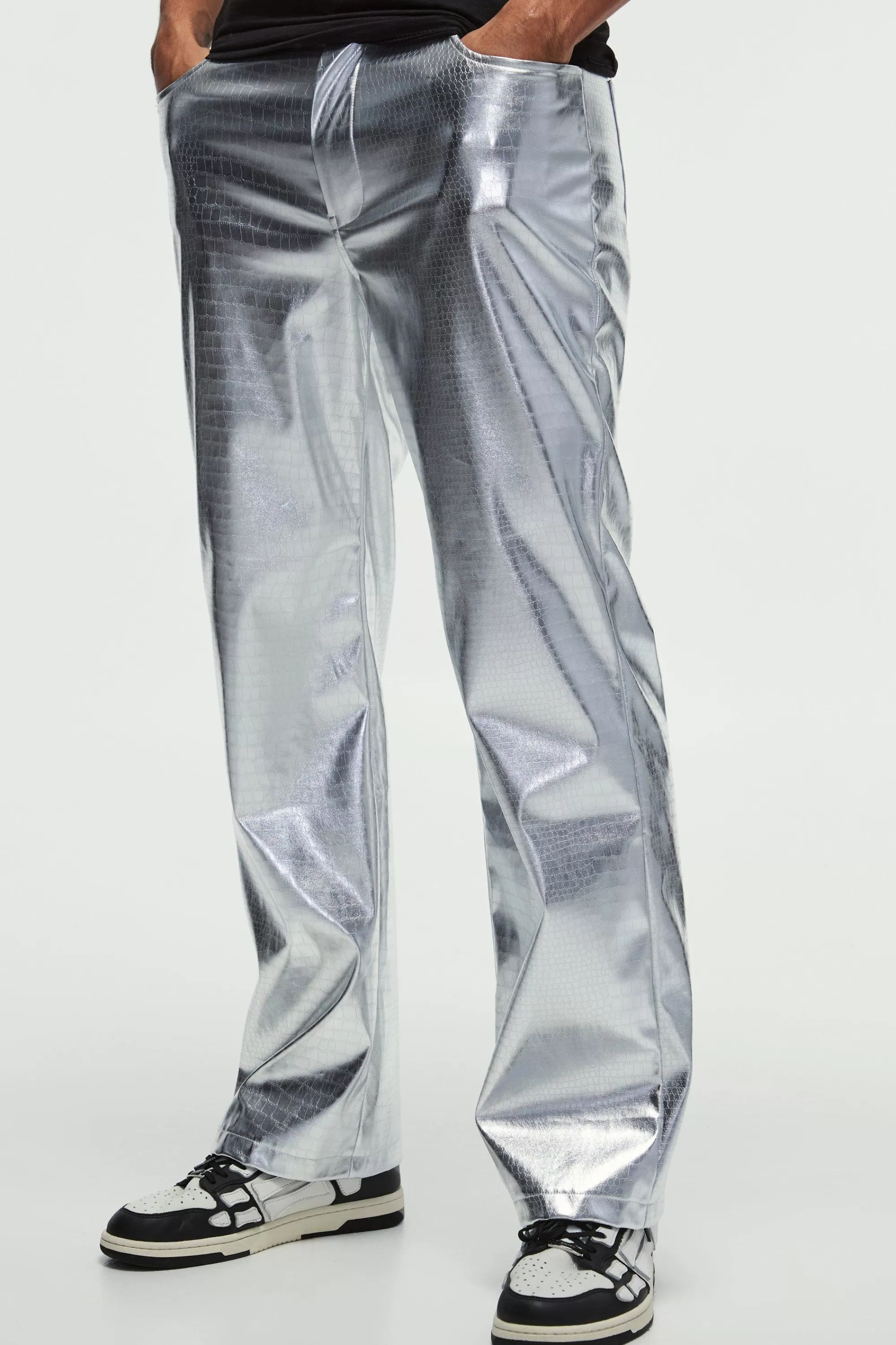 boohooMAN Straight Faux Snake Skin Pu Trousers | UK