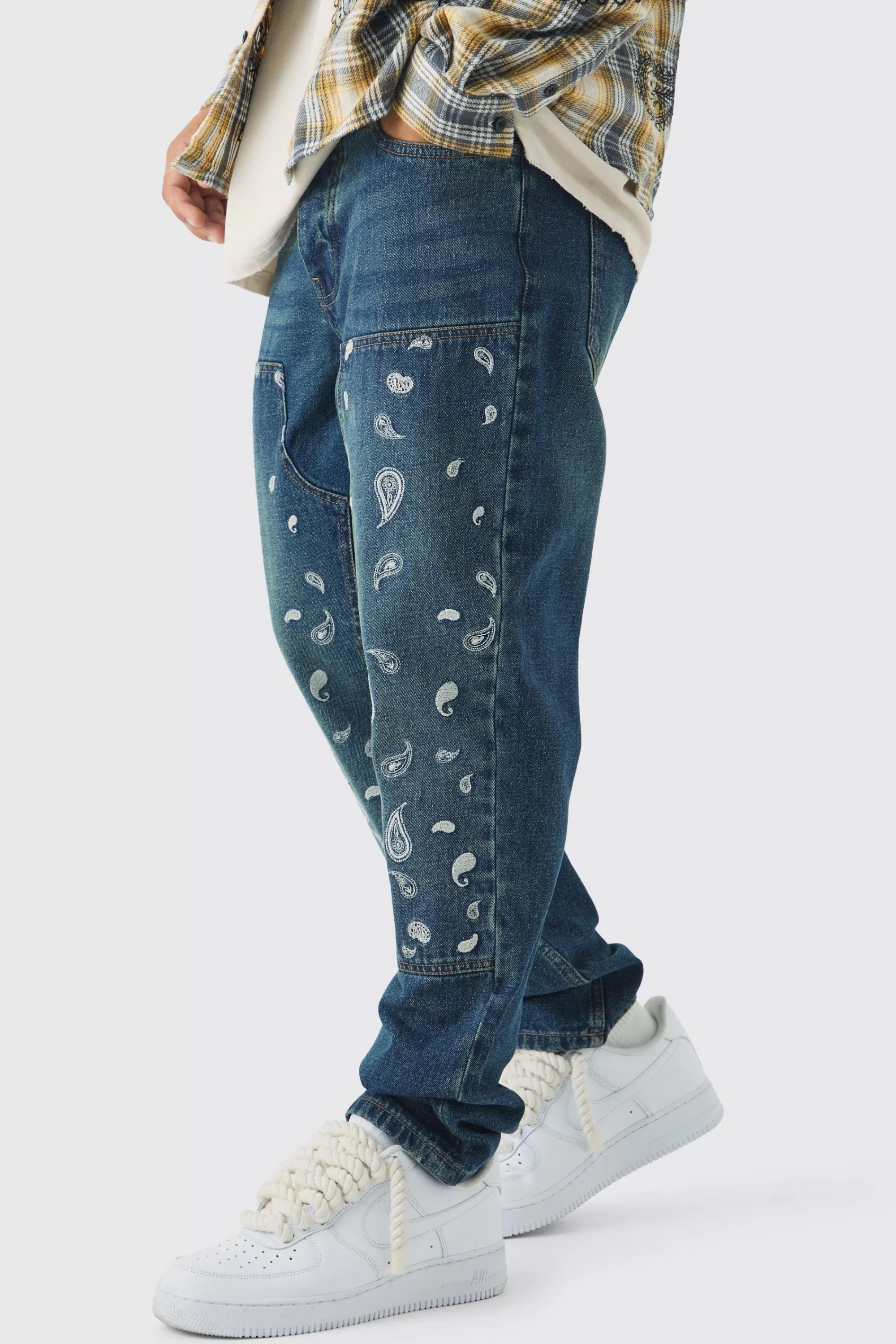 boohooMAN Straight Leg Antique Carpenter Paisley Embroidered Jeans | UK