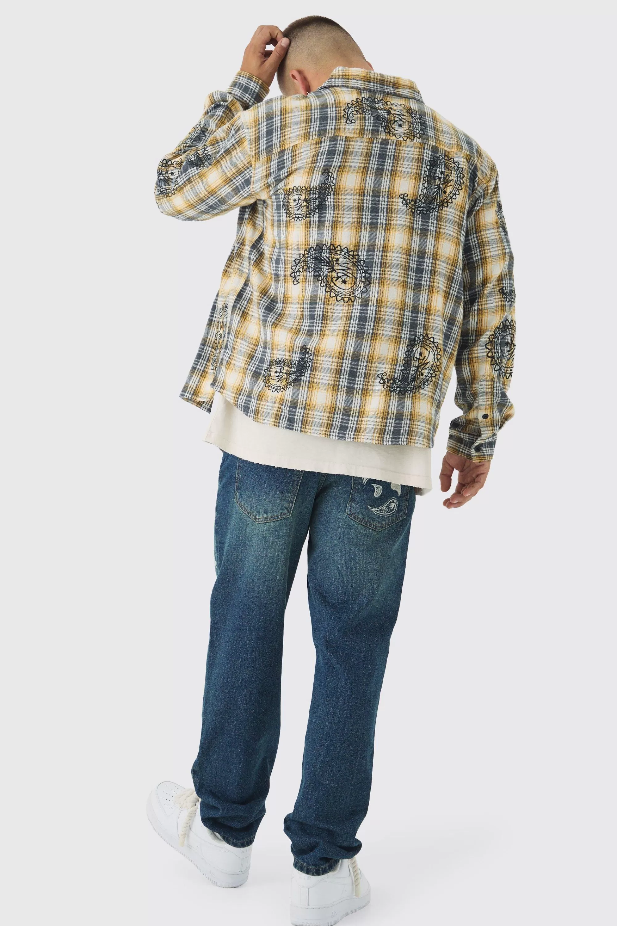 boohooMAN Straight Leg Antique Carpenter Paisley Embroidered Jeans | UK
