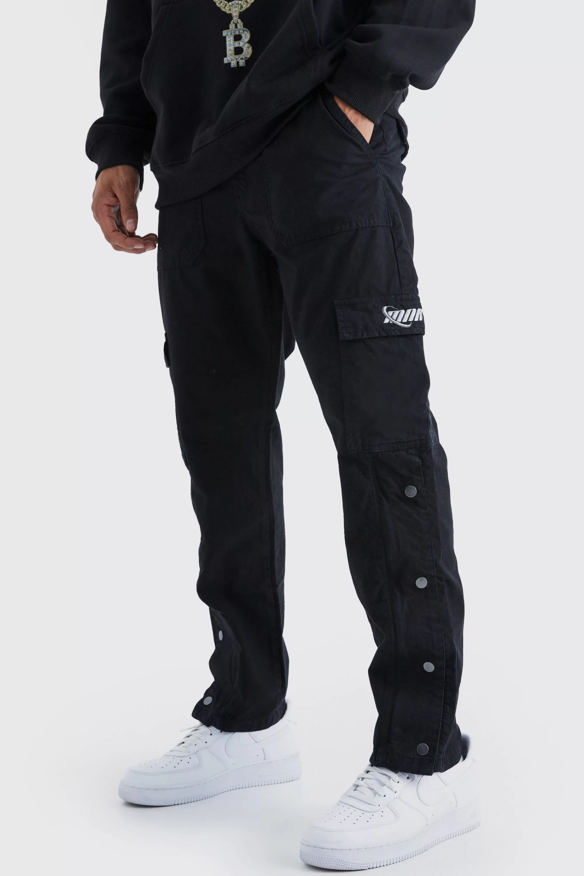 boohooMAN Straight Leg Cargo Popper Hem Ripstop Branded Trouser | UK