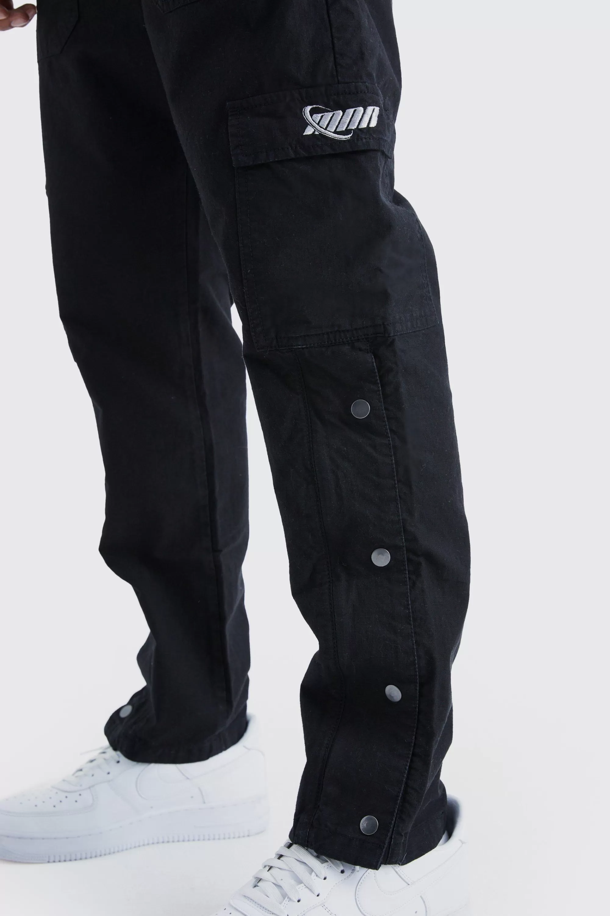 boohooMAN Straight Leg Cargo Popper Hem Ripstop Branded Trouser | UK