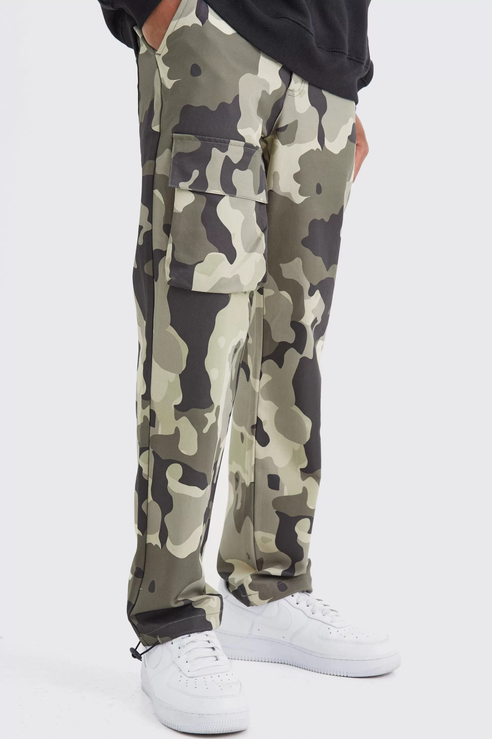 boohooMAN Straight Leg Cargo Thigh Pocket Camo Trouser | UK