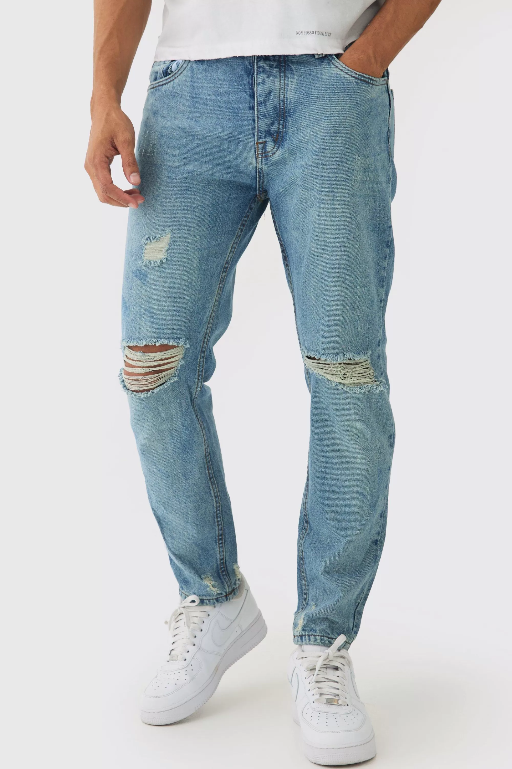 boohooMAN Straight Leg Distressed Ripped Knee Jeans | UK