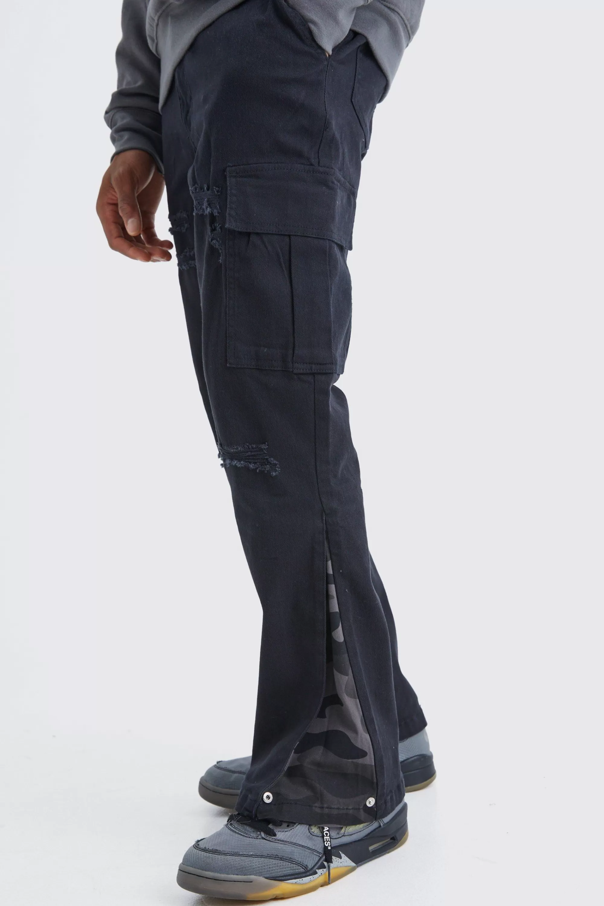 boohooMAN Straight Leg Flare Camo Rip And Repair Trouser | UK