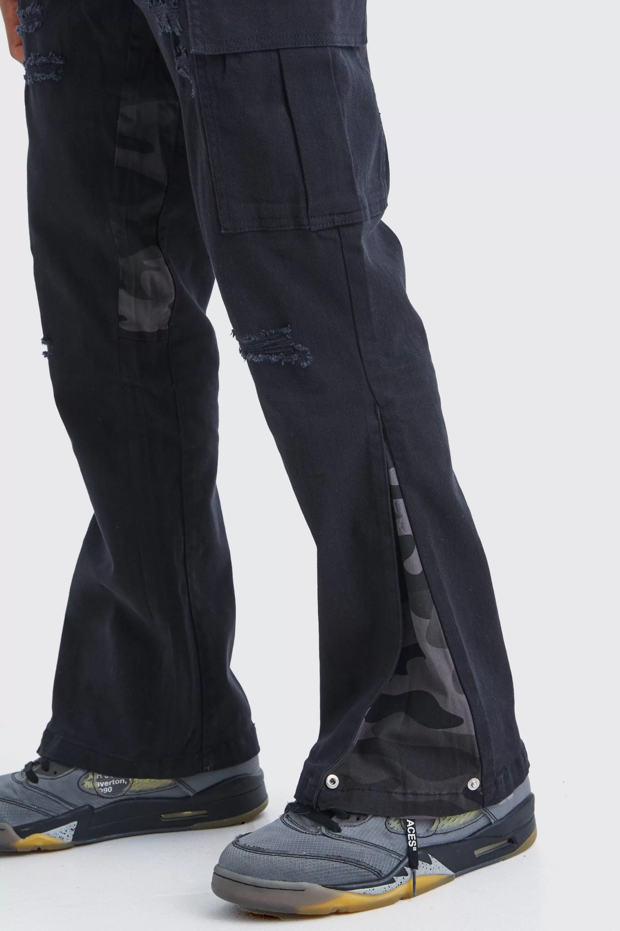 boohooMAN Straight Leg Flare Camo Rip And Repair Trouser | UK