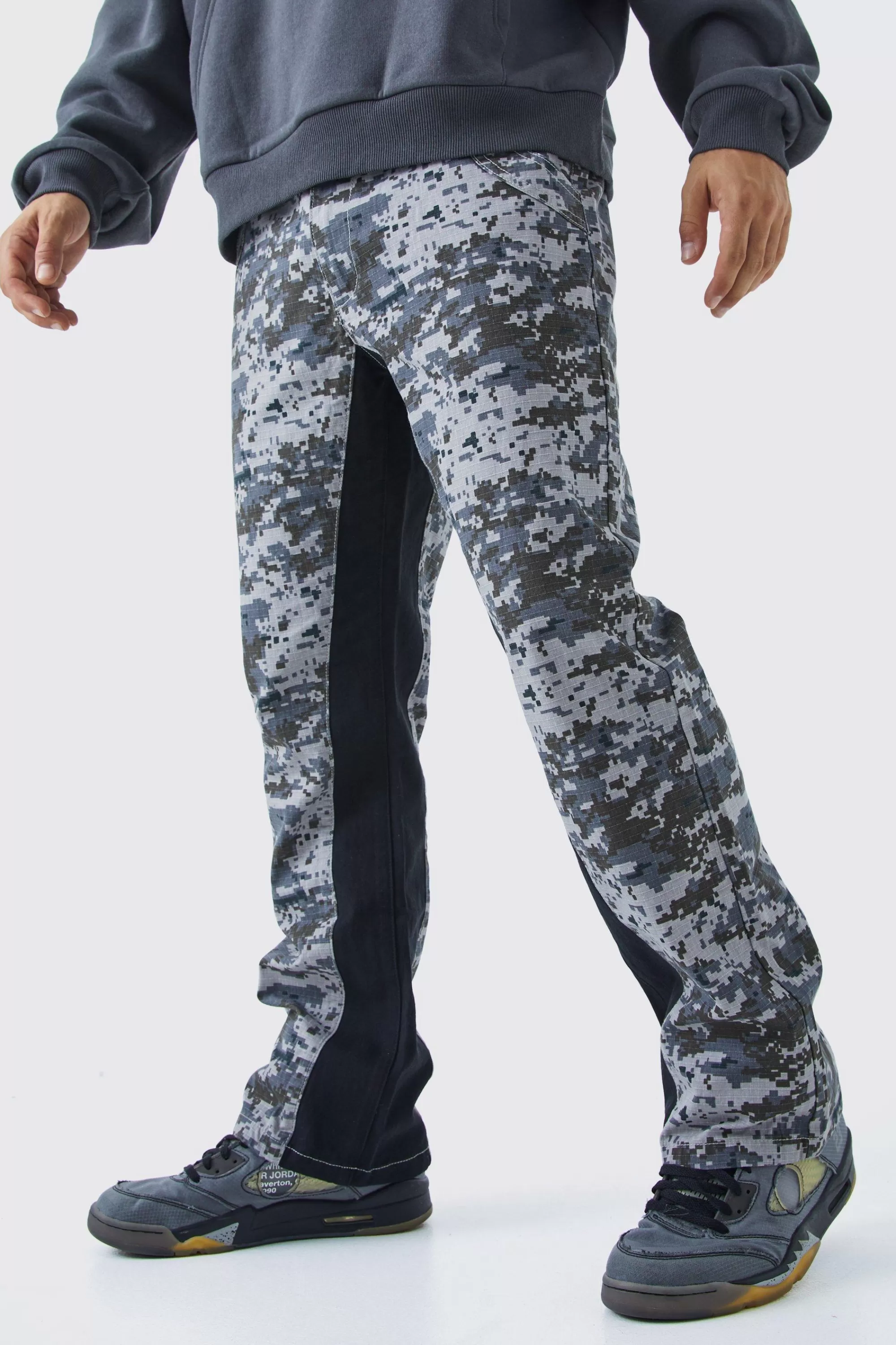 boohooMAN Straight Leg Flare Colour Block Camo Trouser | UK
