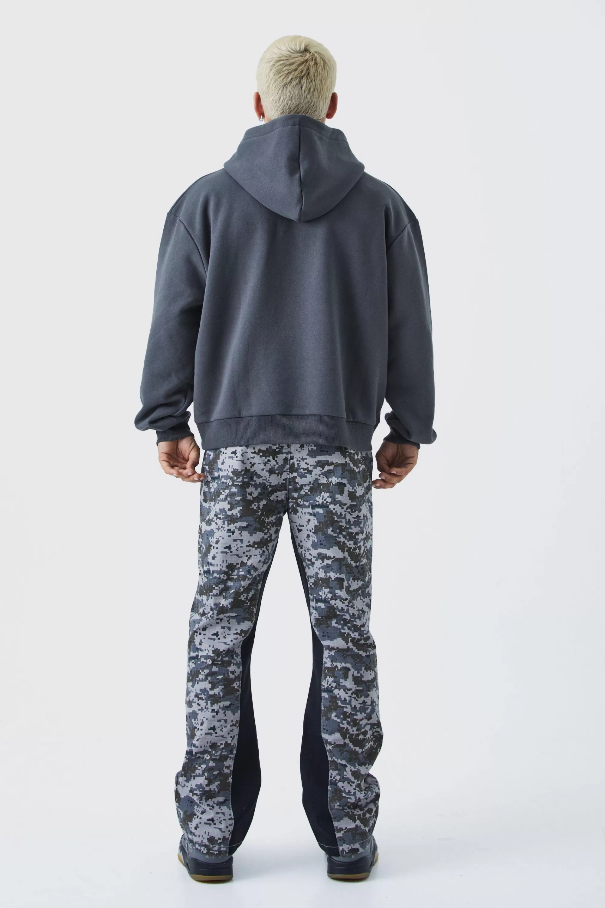 boohooMAN Straight Leg Flare Colour Block Camo Trouser | UK