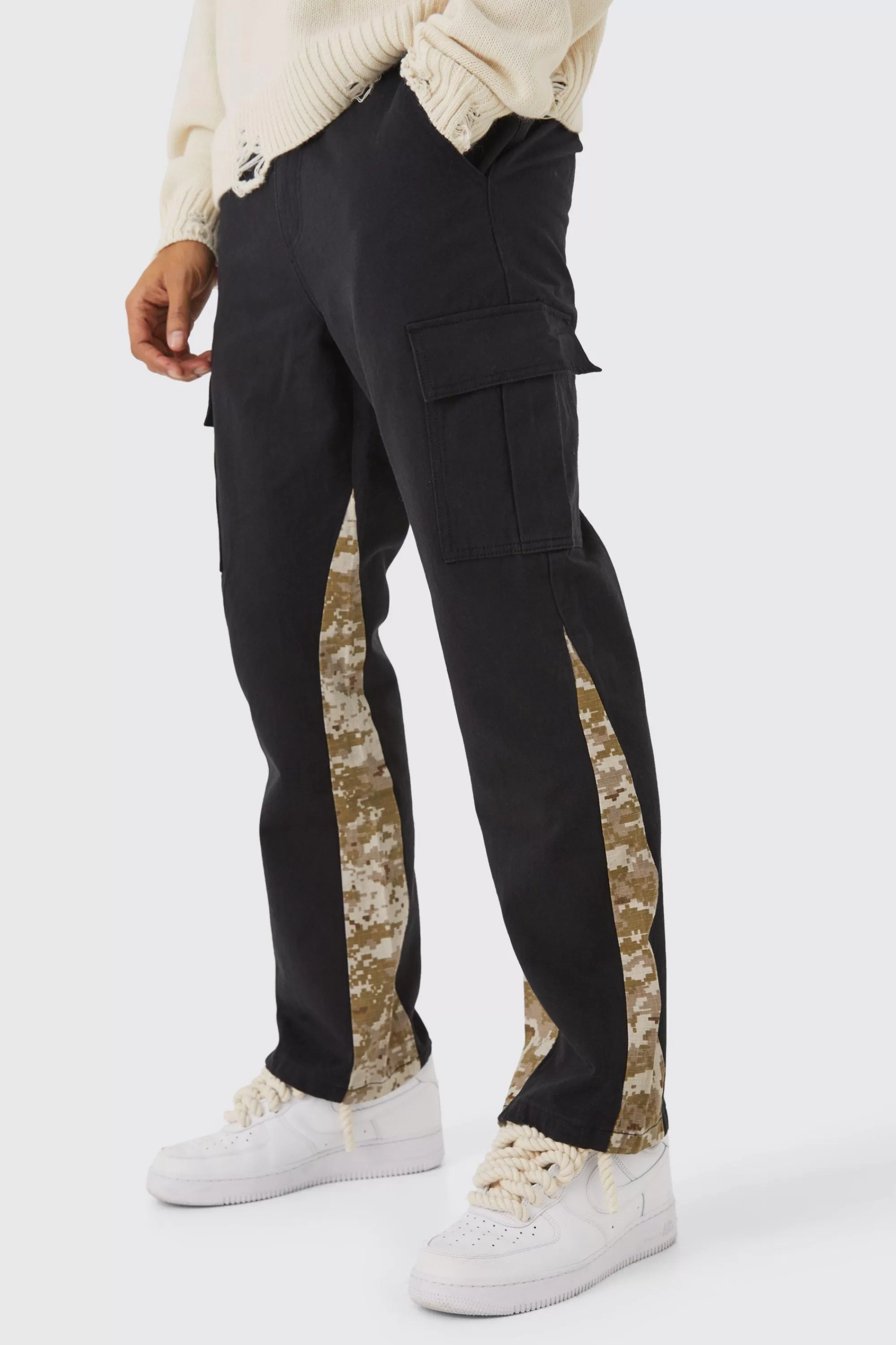 boohooMAN Straight Leg Flared Camo Gusset Cargo Trouser | UK