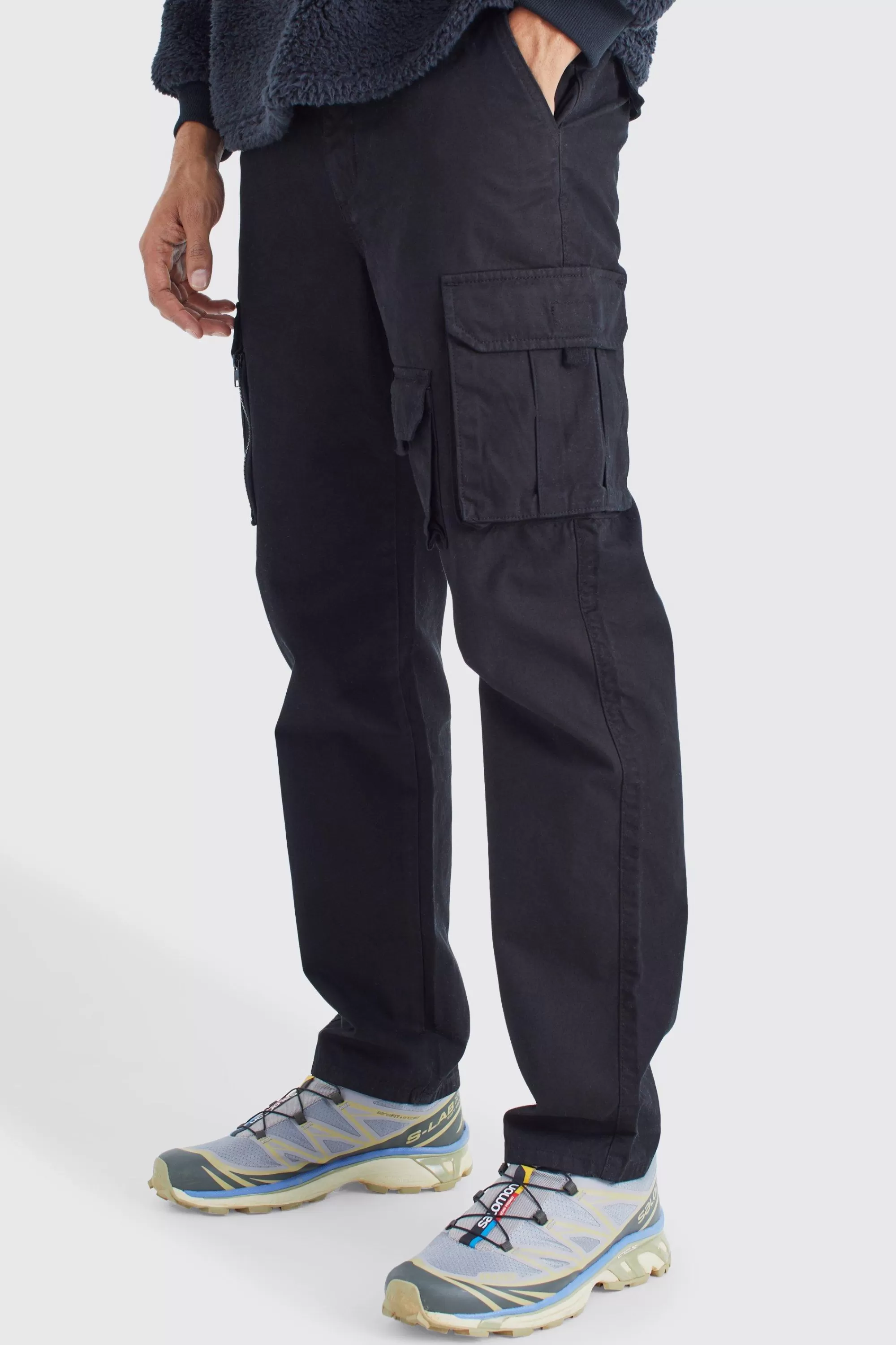 boohooMAN Straight Leg Multi Cargo Trouser With Woven Tab | UK