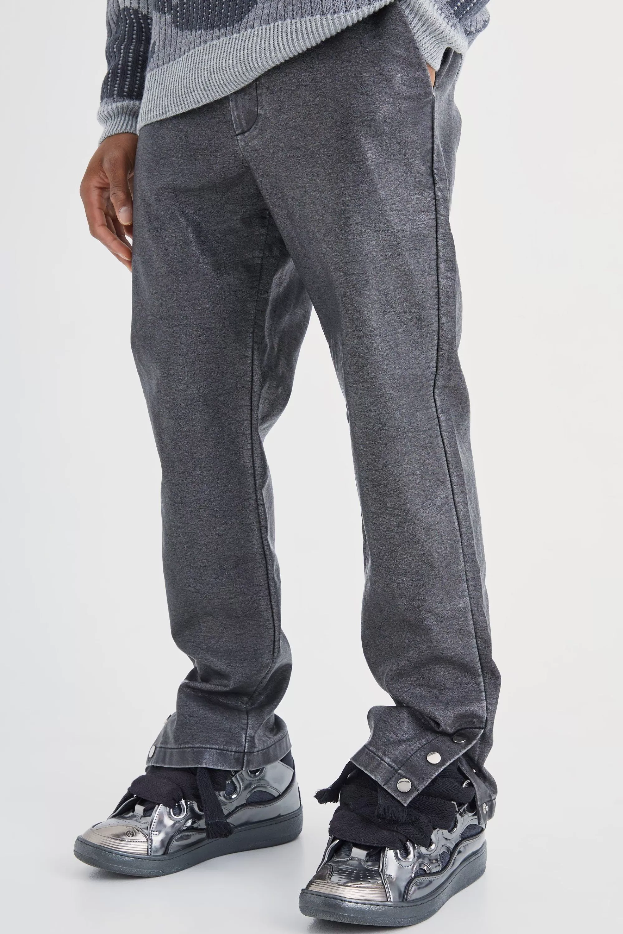boohooMAN Straight Leg Popper Hem Pu Trouser | UK