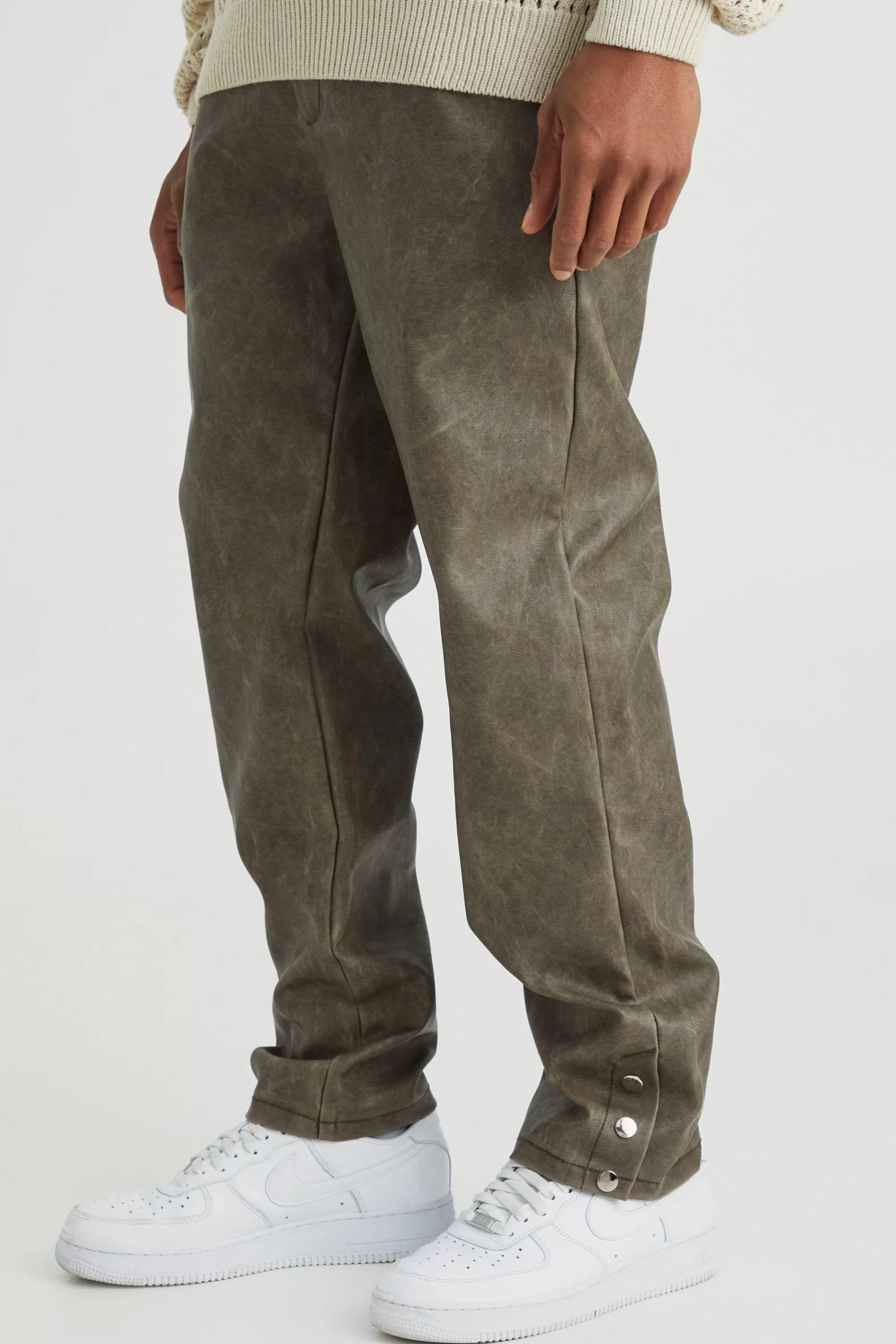boohooMAN Straight Leg Popper Hem Pu Trouser | UK