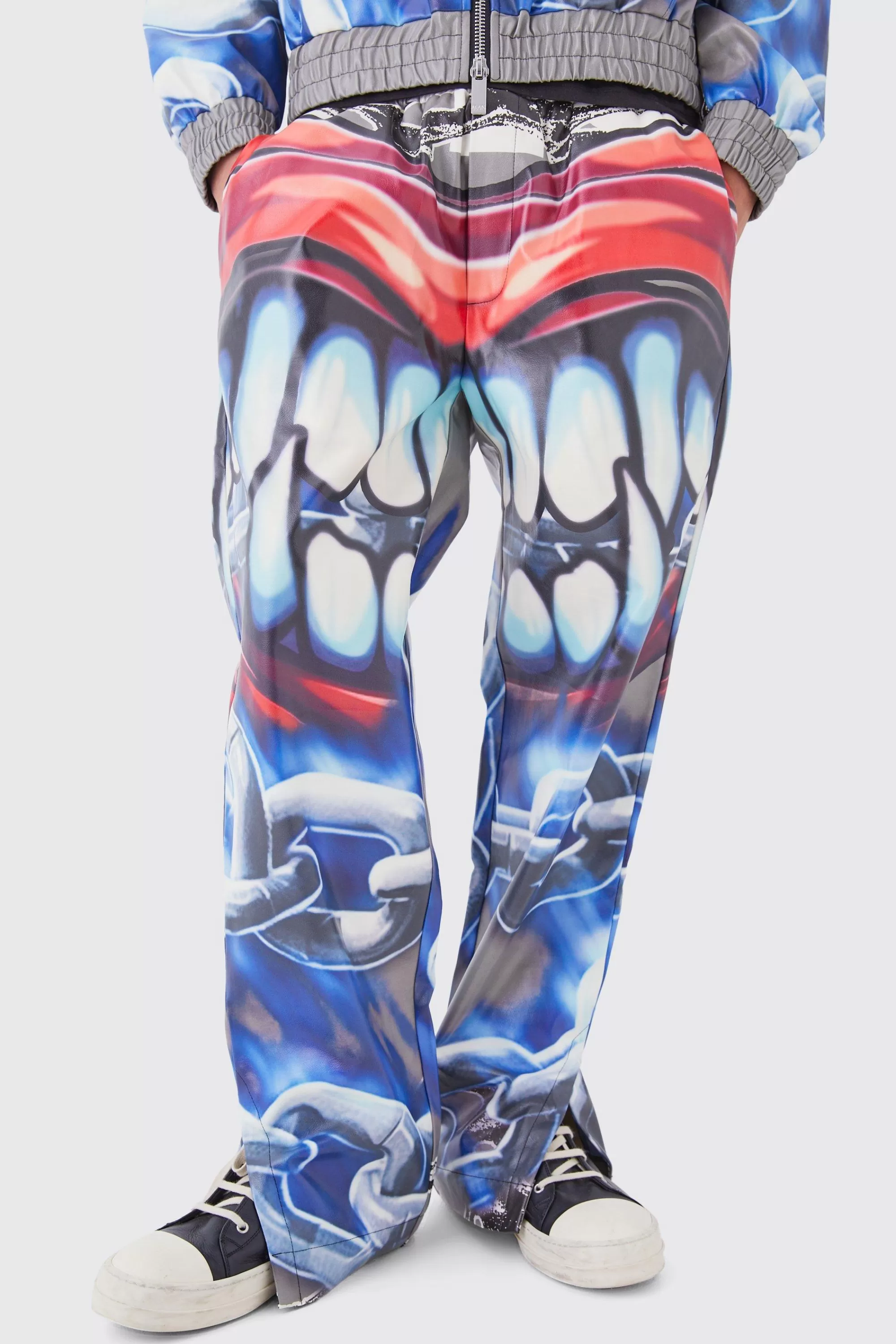 boohooMAN Straight Leg Printed Pu Trousers | UK