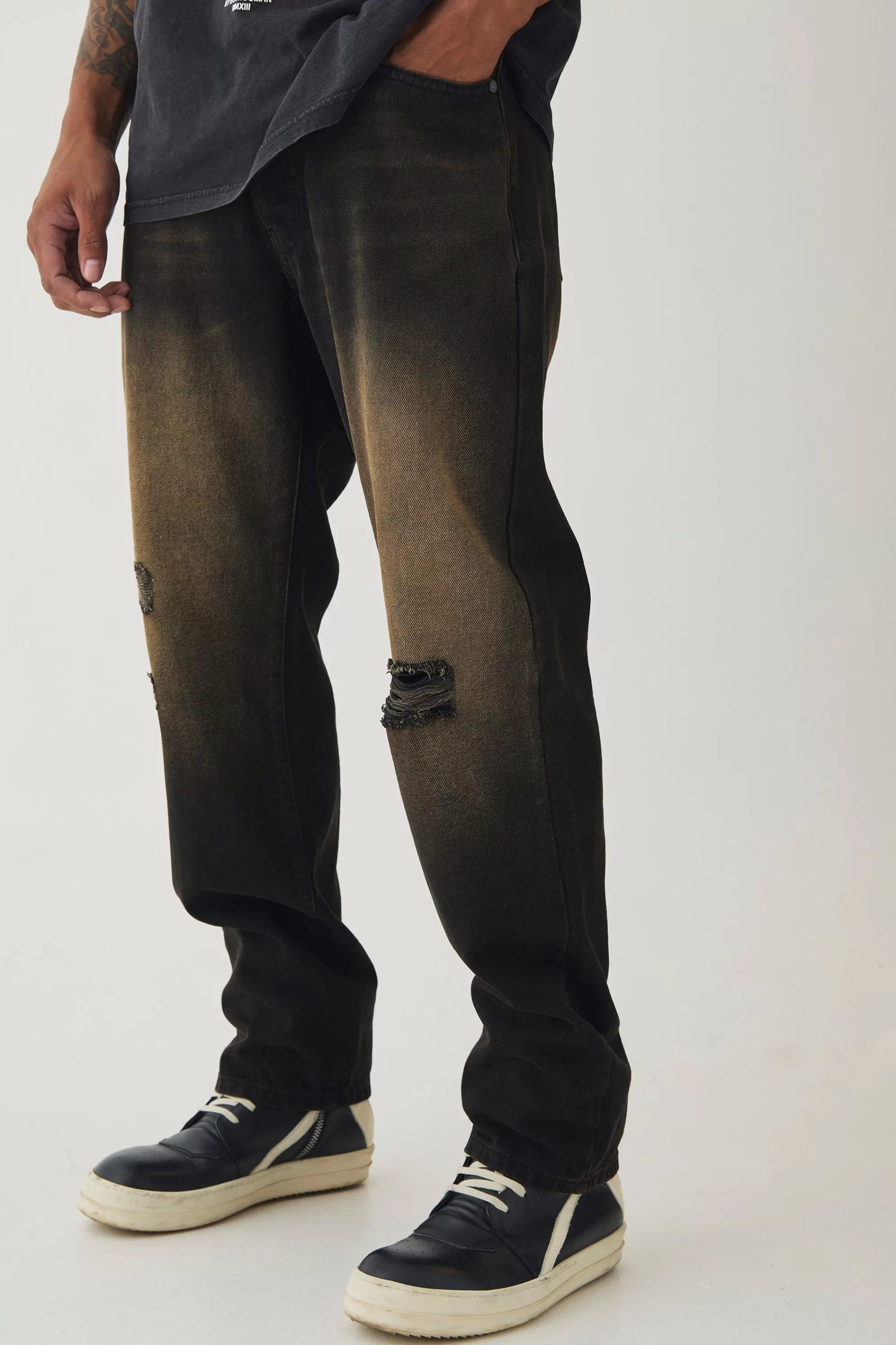 boohooMAN Straight Leg Rigid Ripped Knee Tinted Jeans | UK