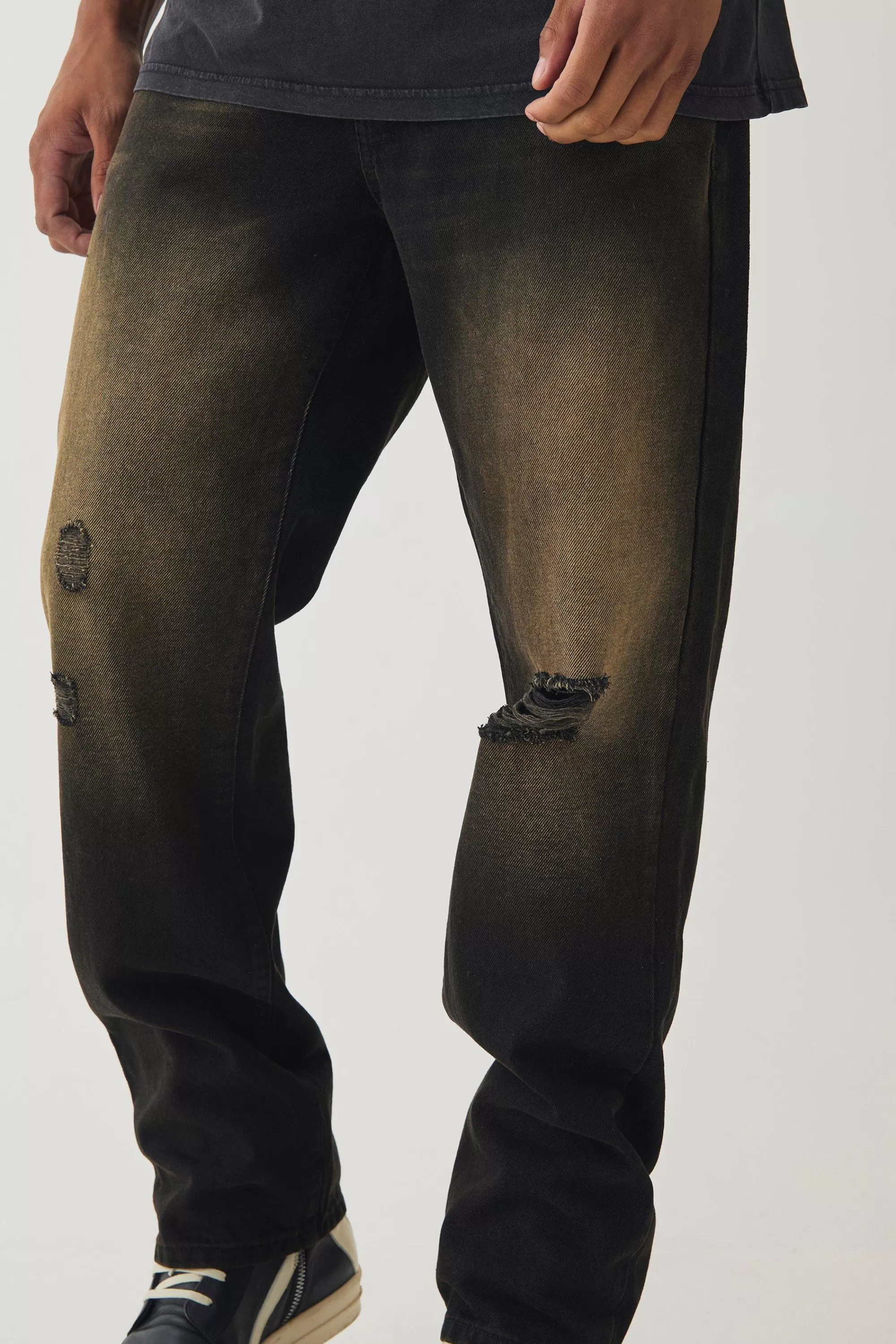 boohooMAN Straight Leg Rigid Ripped Knee Tinted Jeans | UK