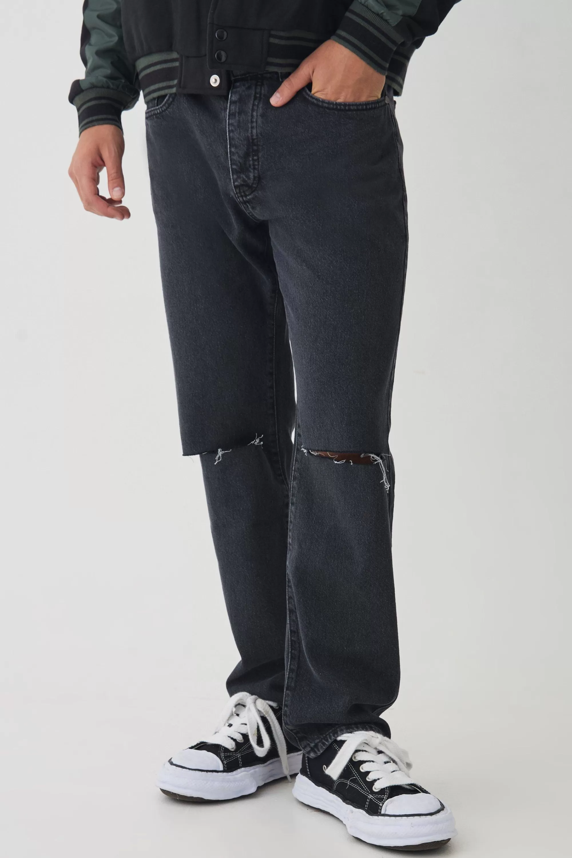 boohooMAN Straight Leg Rigid Ripped Knee Distressed Jeans | UK