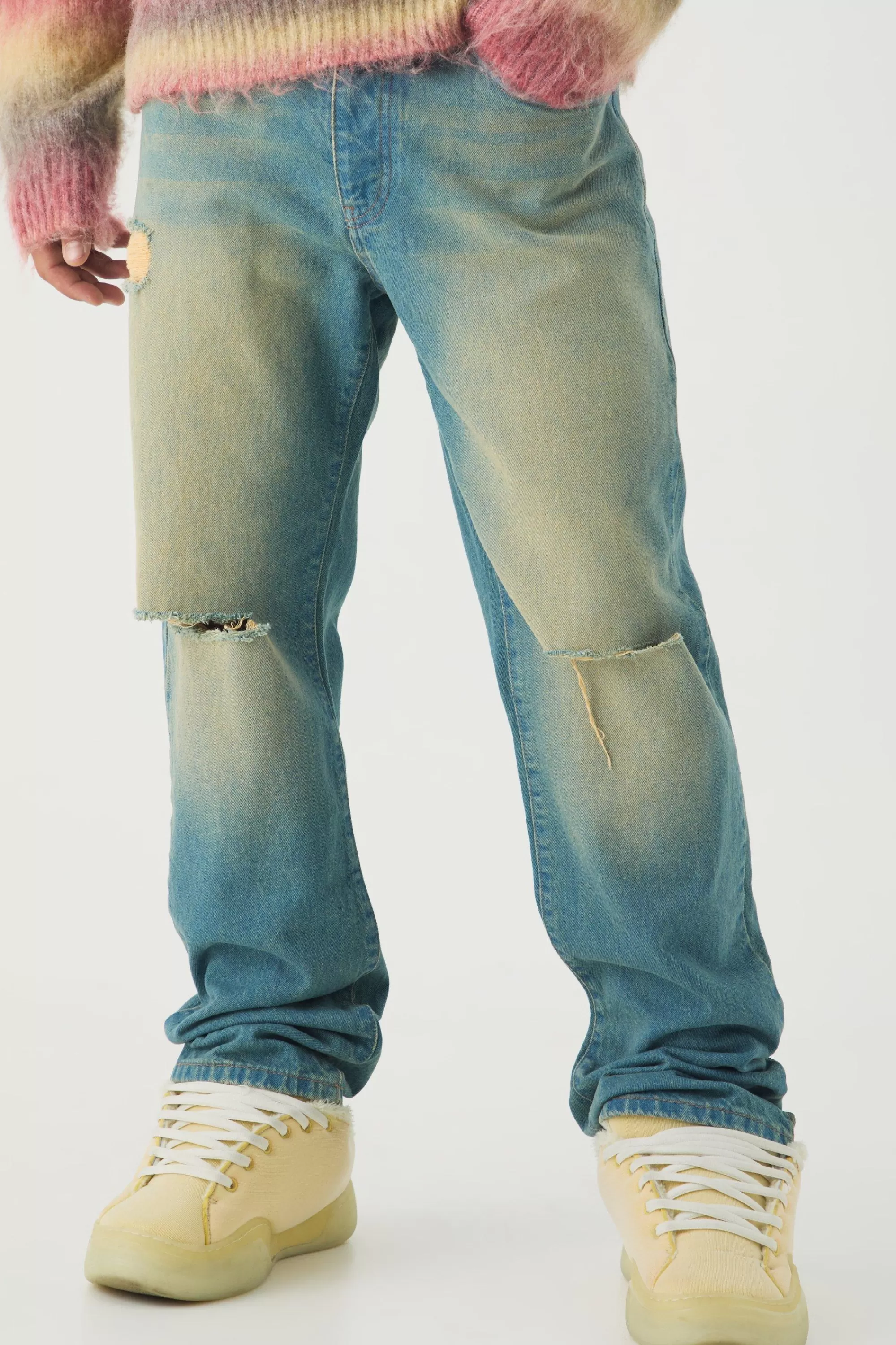 boohooMAN Straight Leg Rigid Ripped Knee Distressed Jeans | UK