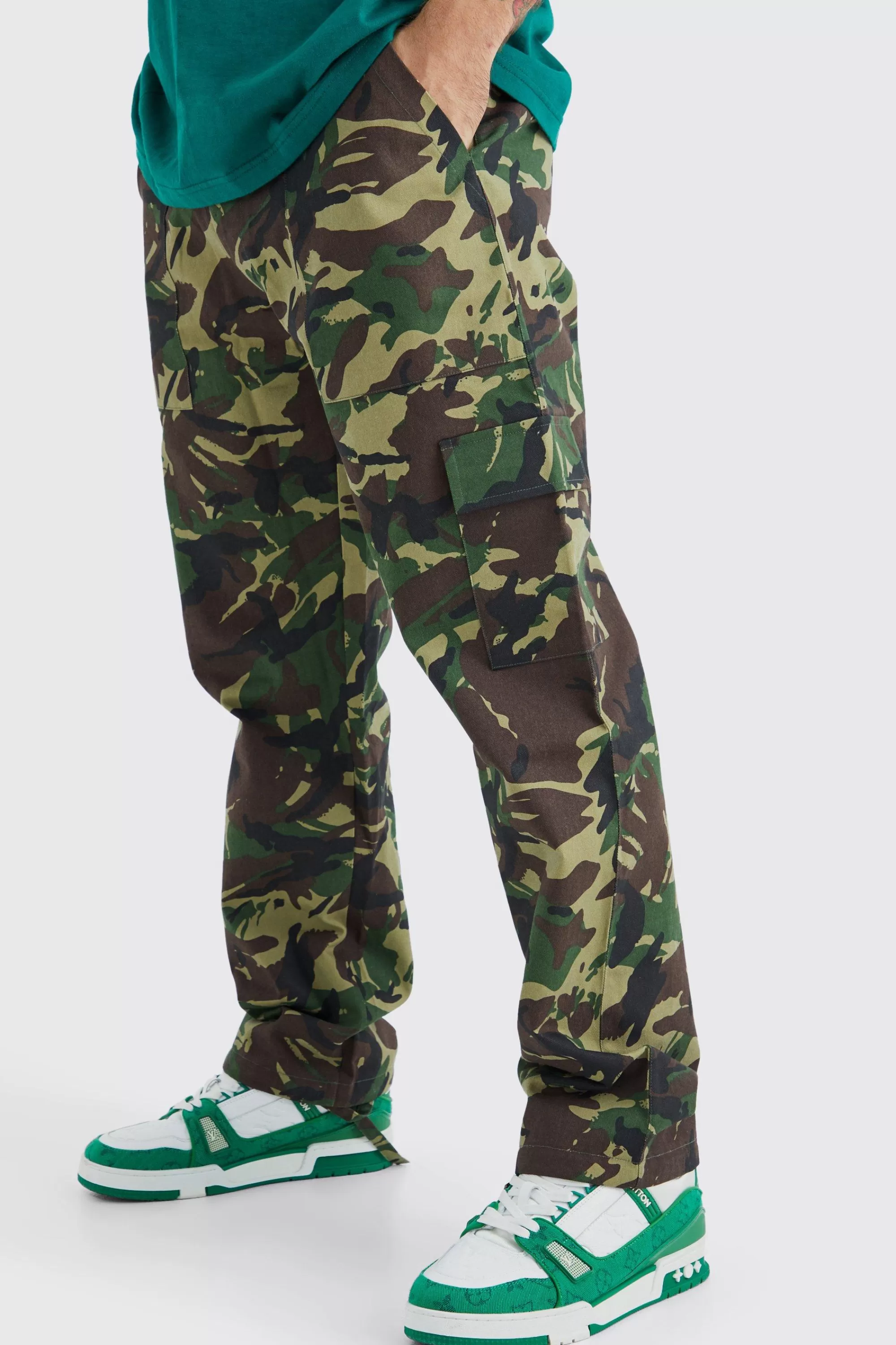 boohooMAN Straight Leg Tie Hem Camo Trouser | UK