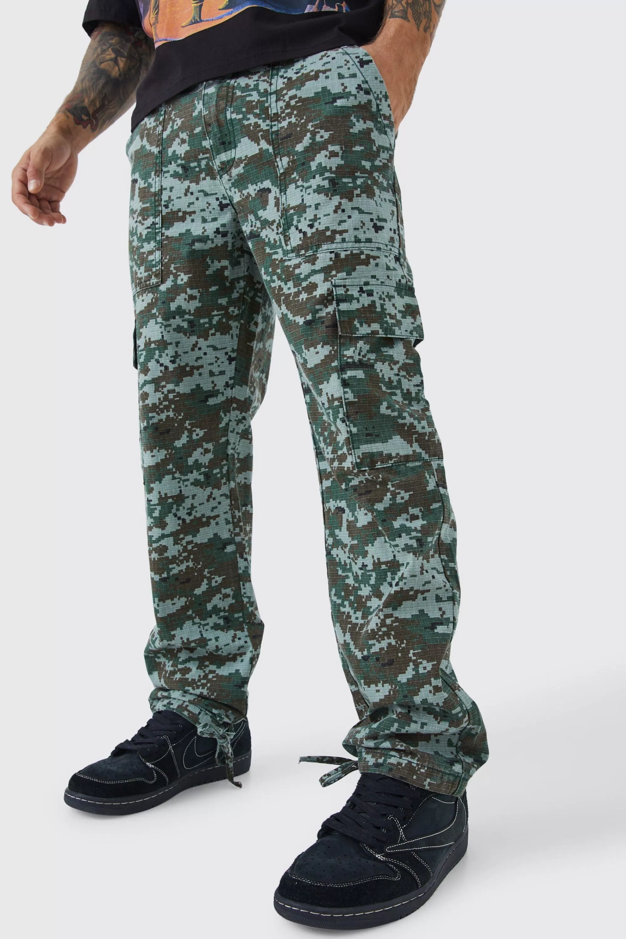 boohooMAN Straight Leg Tie Hem Camo Trouser | UK