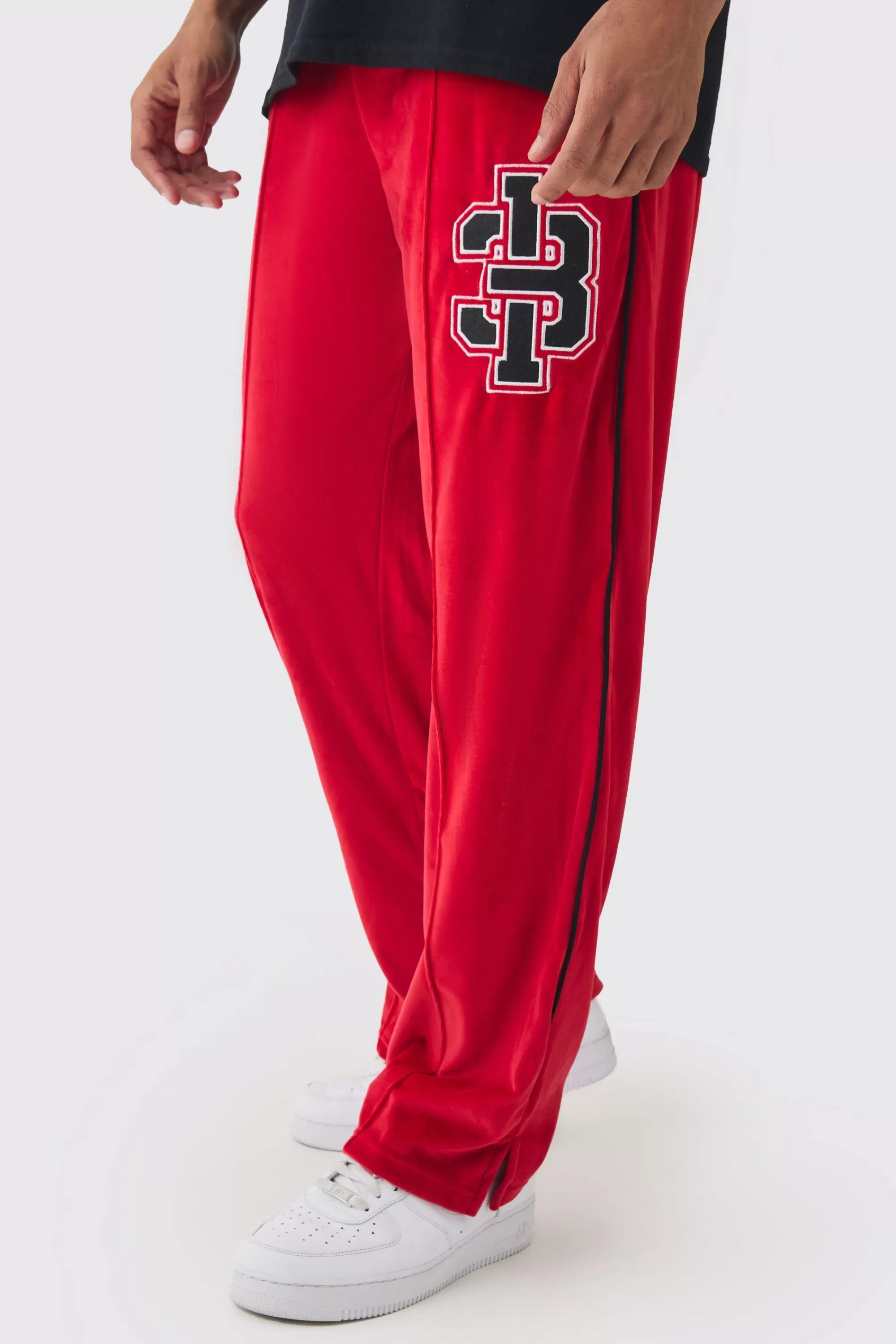 boohooMAN Straight Leg Varsity Velour Jogger | UK