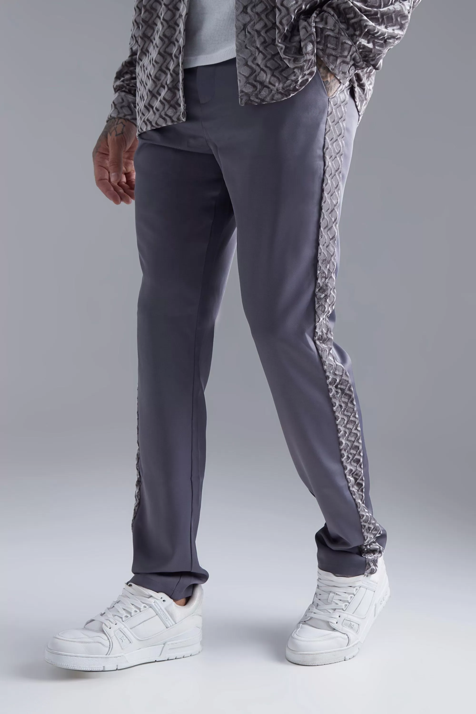 boohooMAN Straight Leg Velour Panel Trousers | UK