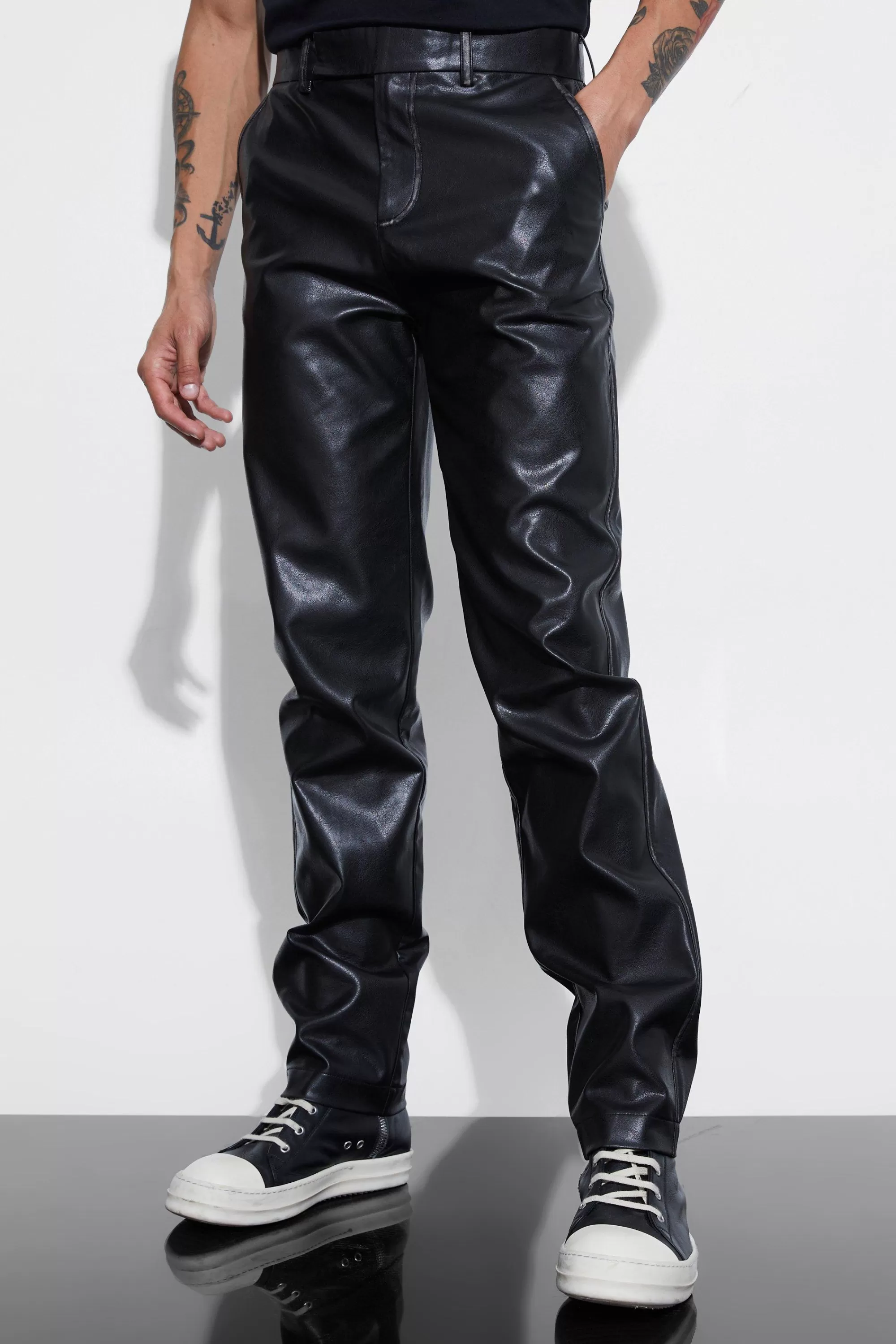 boohooMAN Straight Leg Washed Pu Trouser | UK