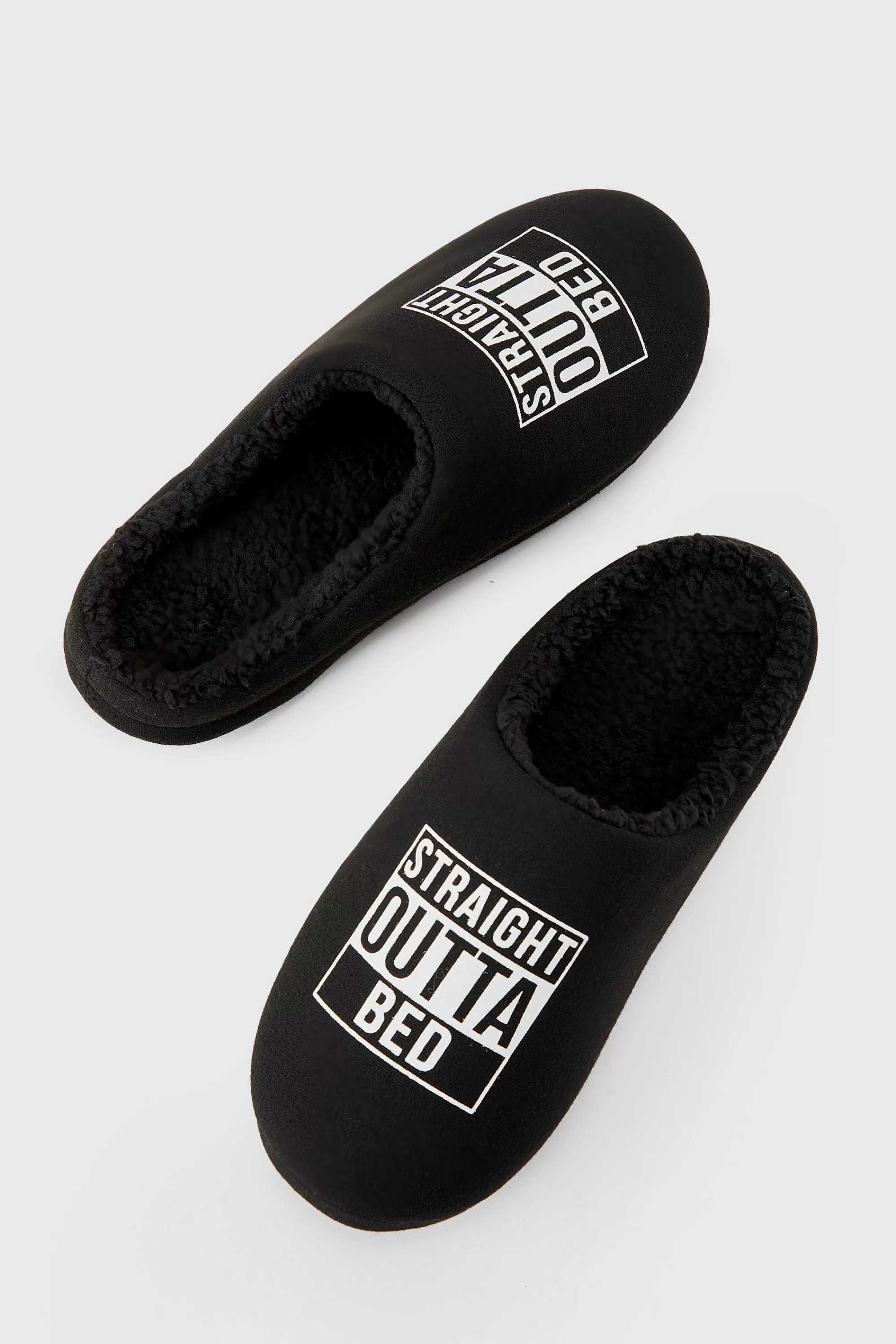 boohooMAN Straight Outta Bed Print Slippers | UK