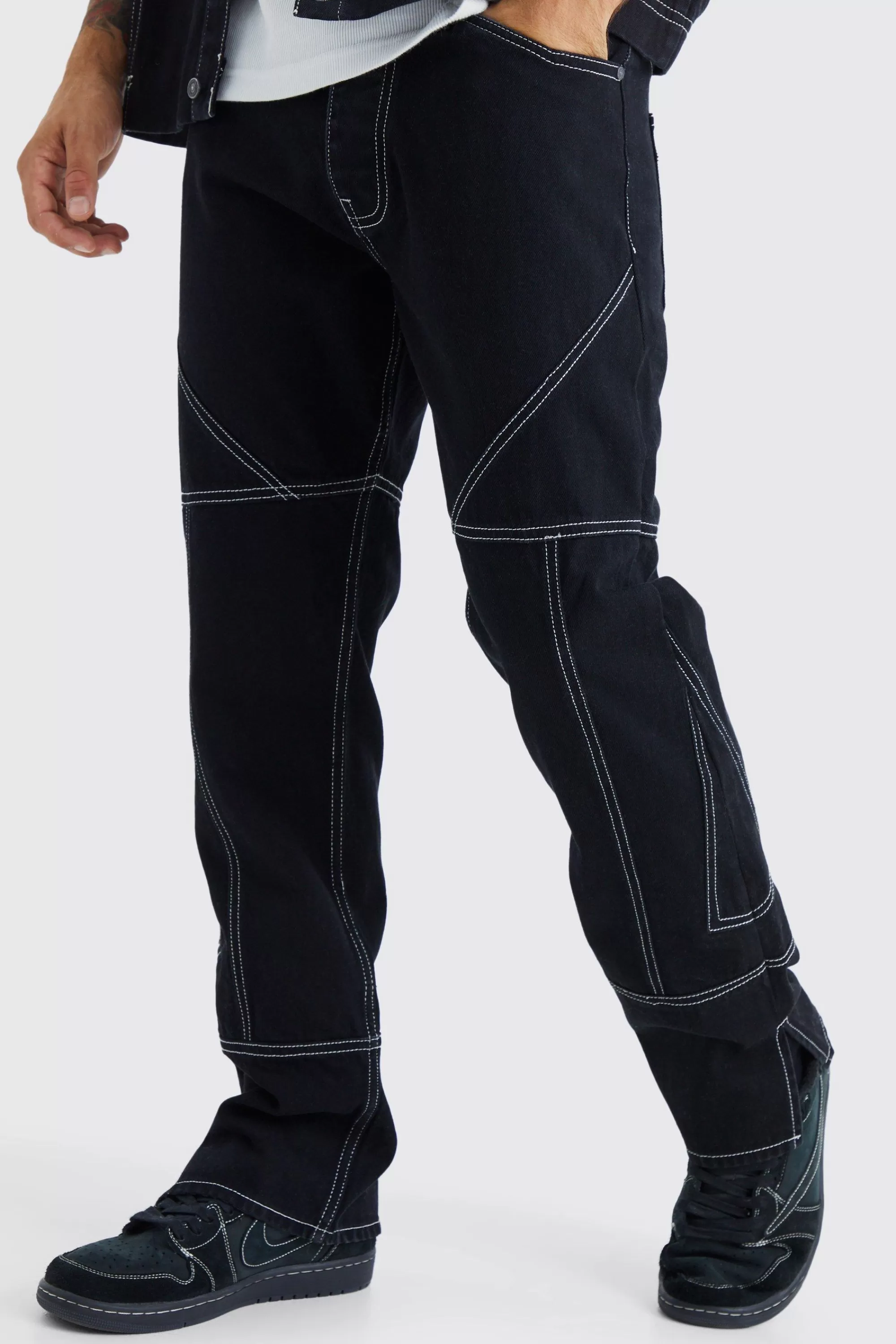 boohooMAN Straight Rigid Contrast Stitch Zip Hem Jeans | UK
