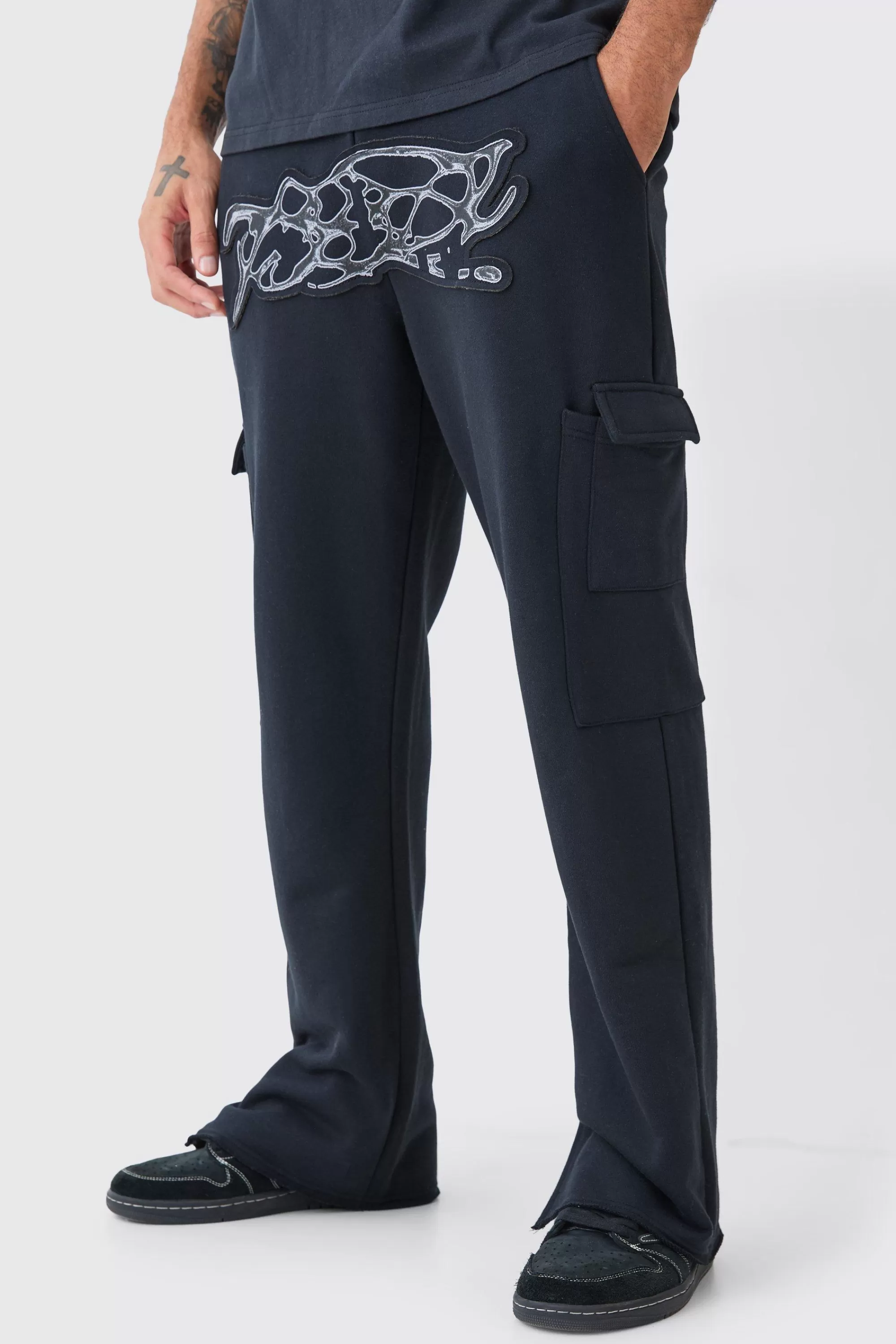 boohooMAN Straight Split Hem Heavy Distressed Applique Joggers | UK