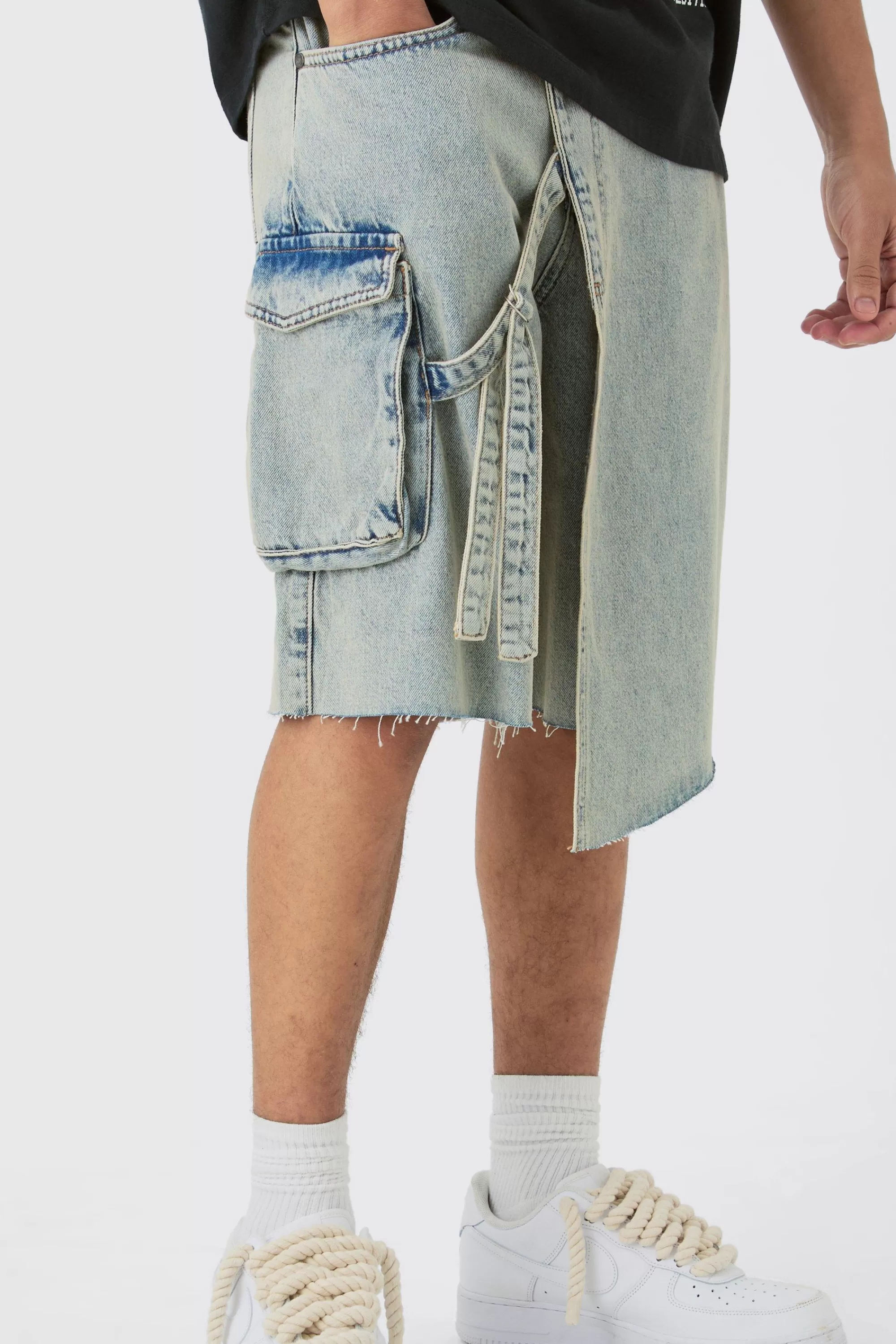 boohooMAN Strap Overlayed Denim Cargo Jorts In | UK