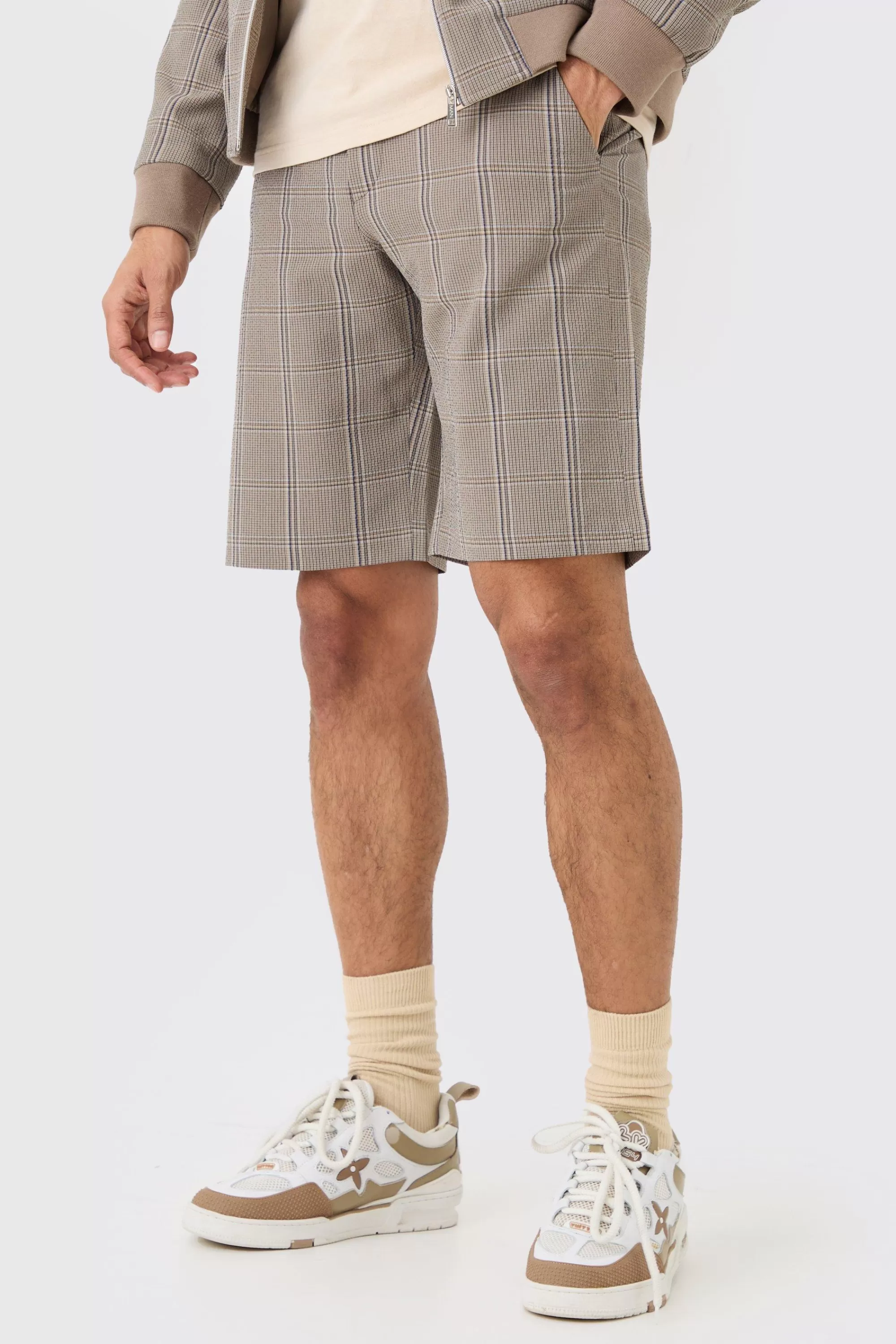 boohooMAN Stretch Textured Check Fixed Waist Shorts | UK