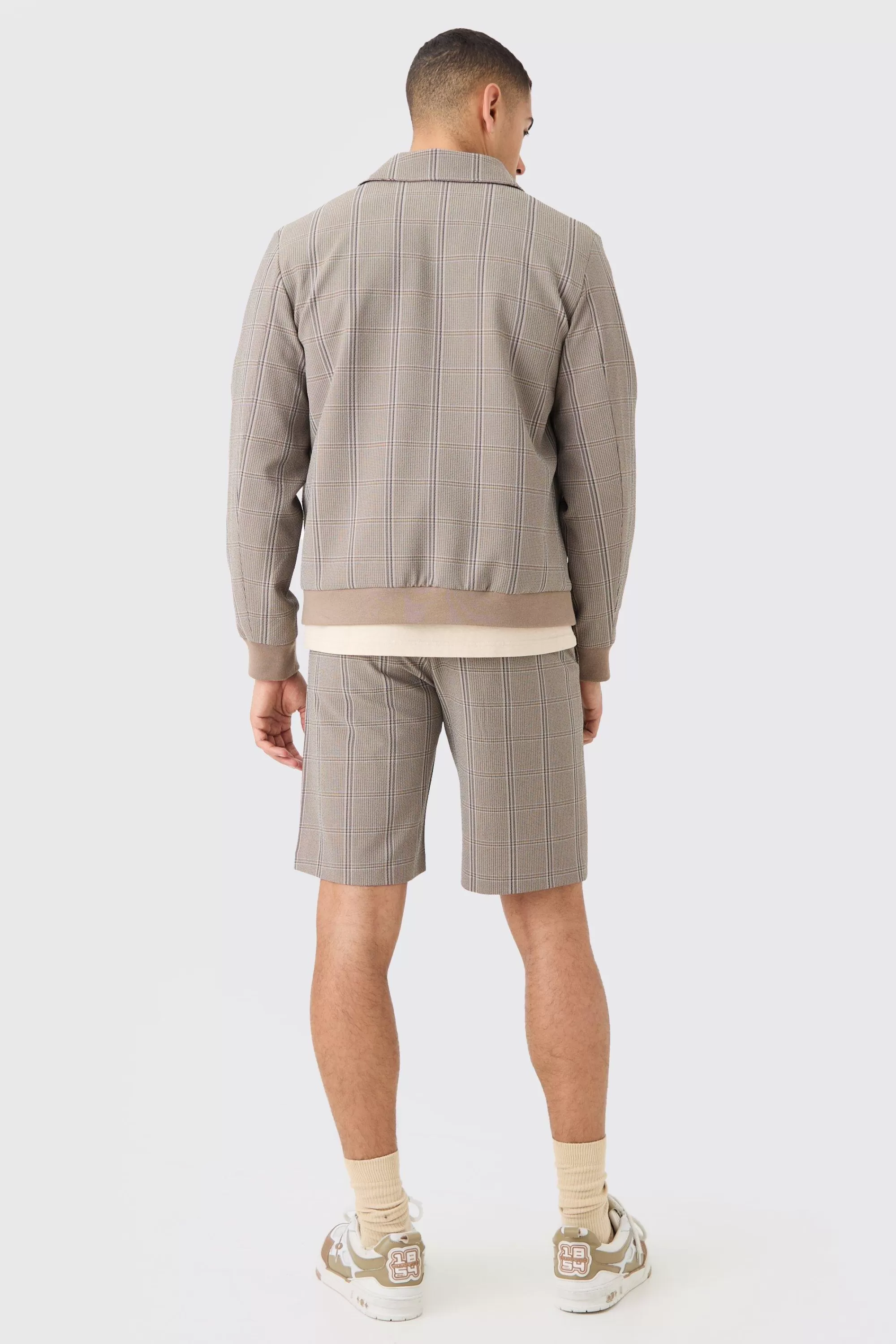 boohooMAN Stretch Textured Check Fixed Waist Shorts | UK