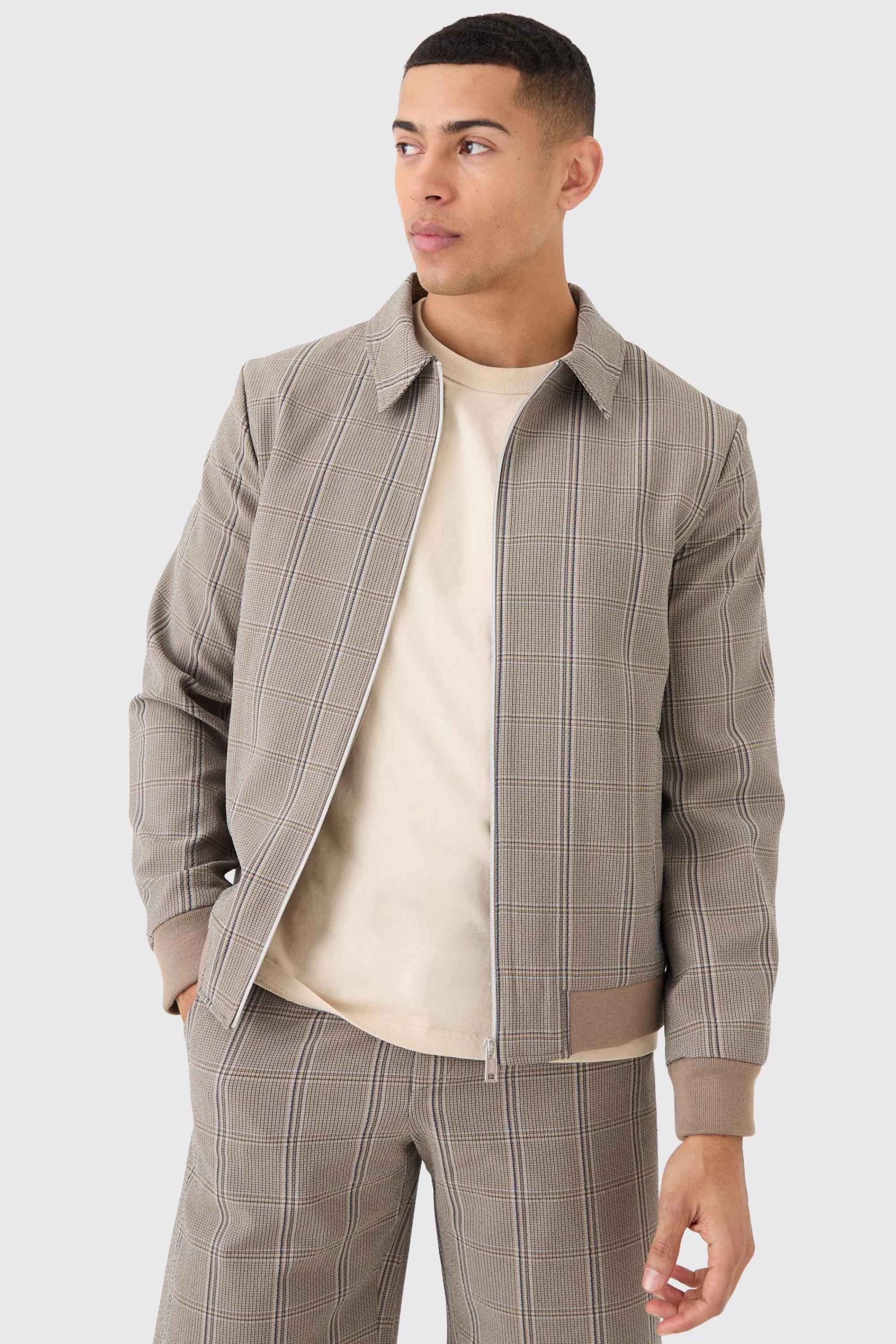 boohooMAN Stretch Textured Check Smart Bomber Jacket | UK