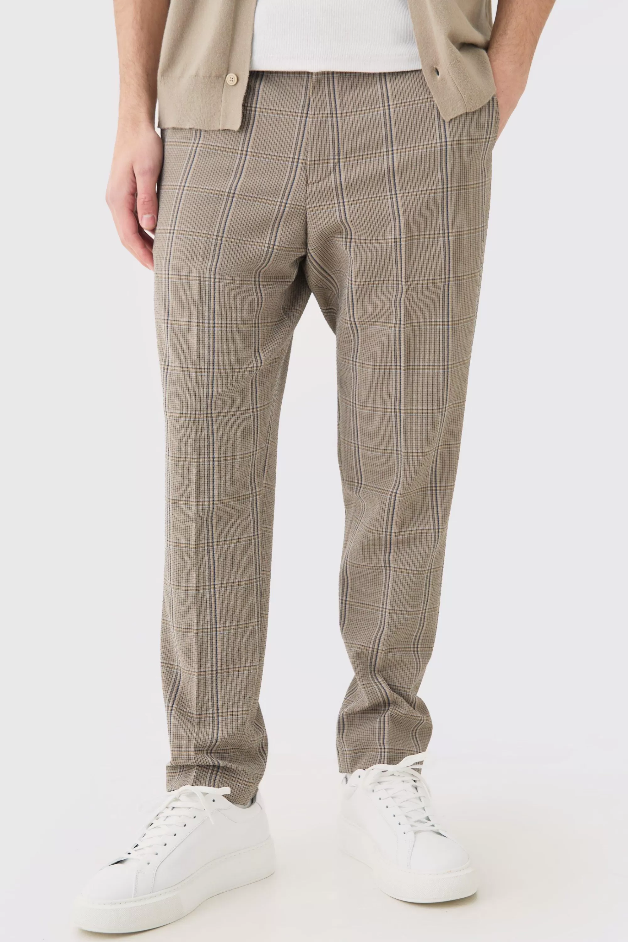 boohooMAN Stretch Textured Check Smart Suit Set | UK