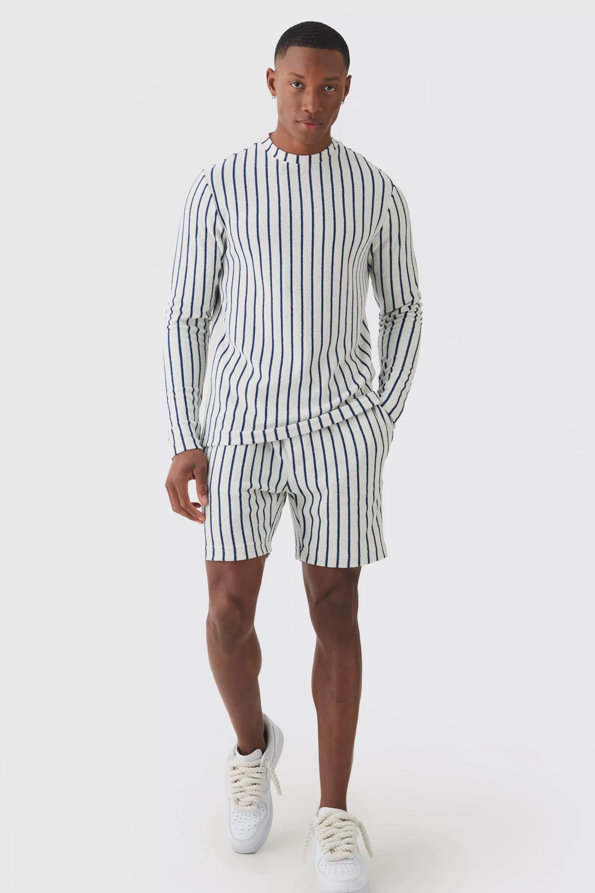 boohooMAN Striped Open Stitch Resort Shirt & Short Set | UK