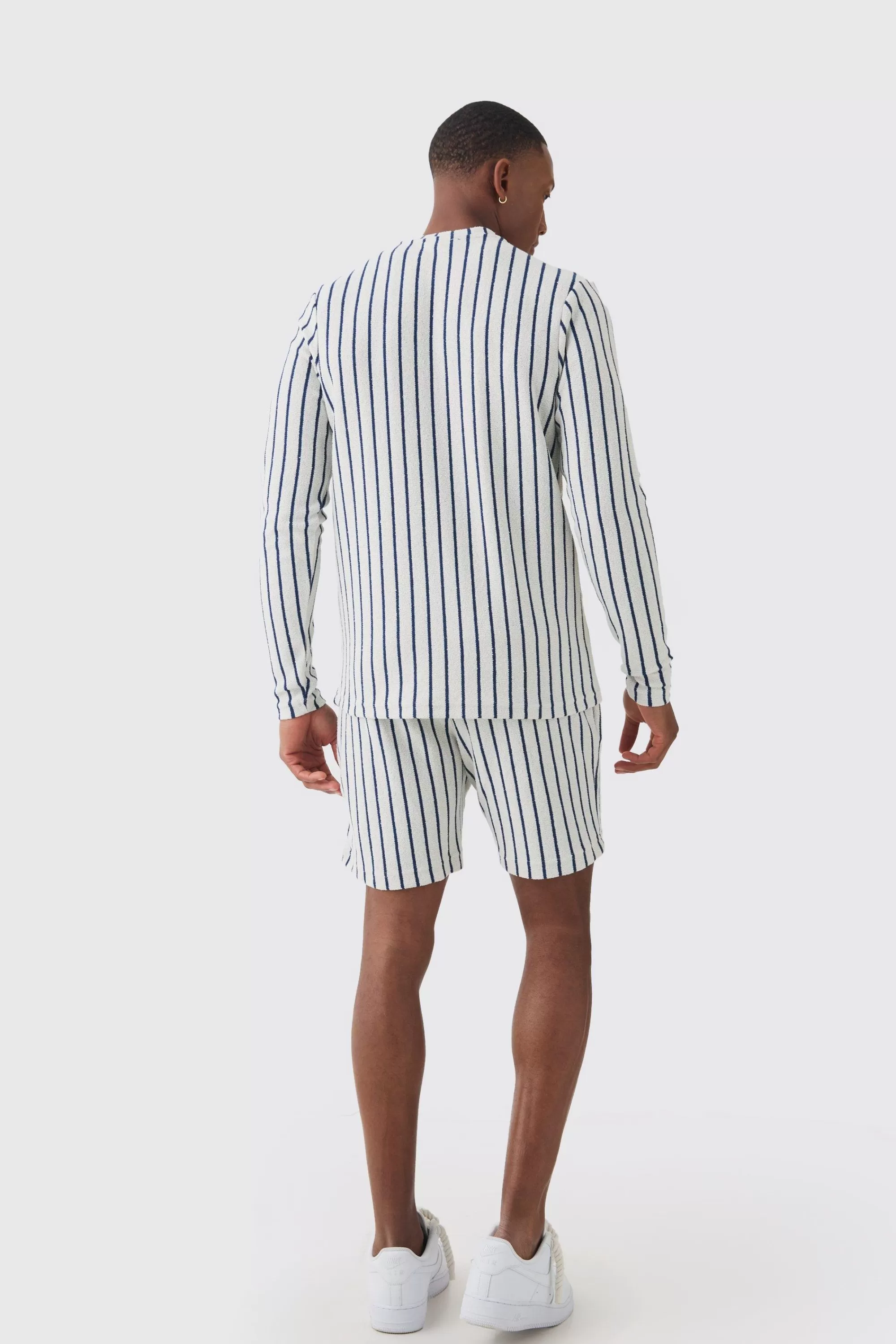 boohooMAN Striped Open Stitch Resort Shirt & Short Set | UK