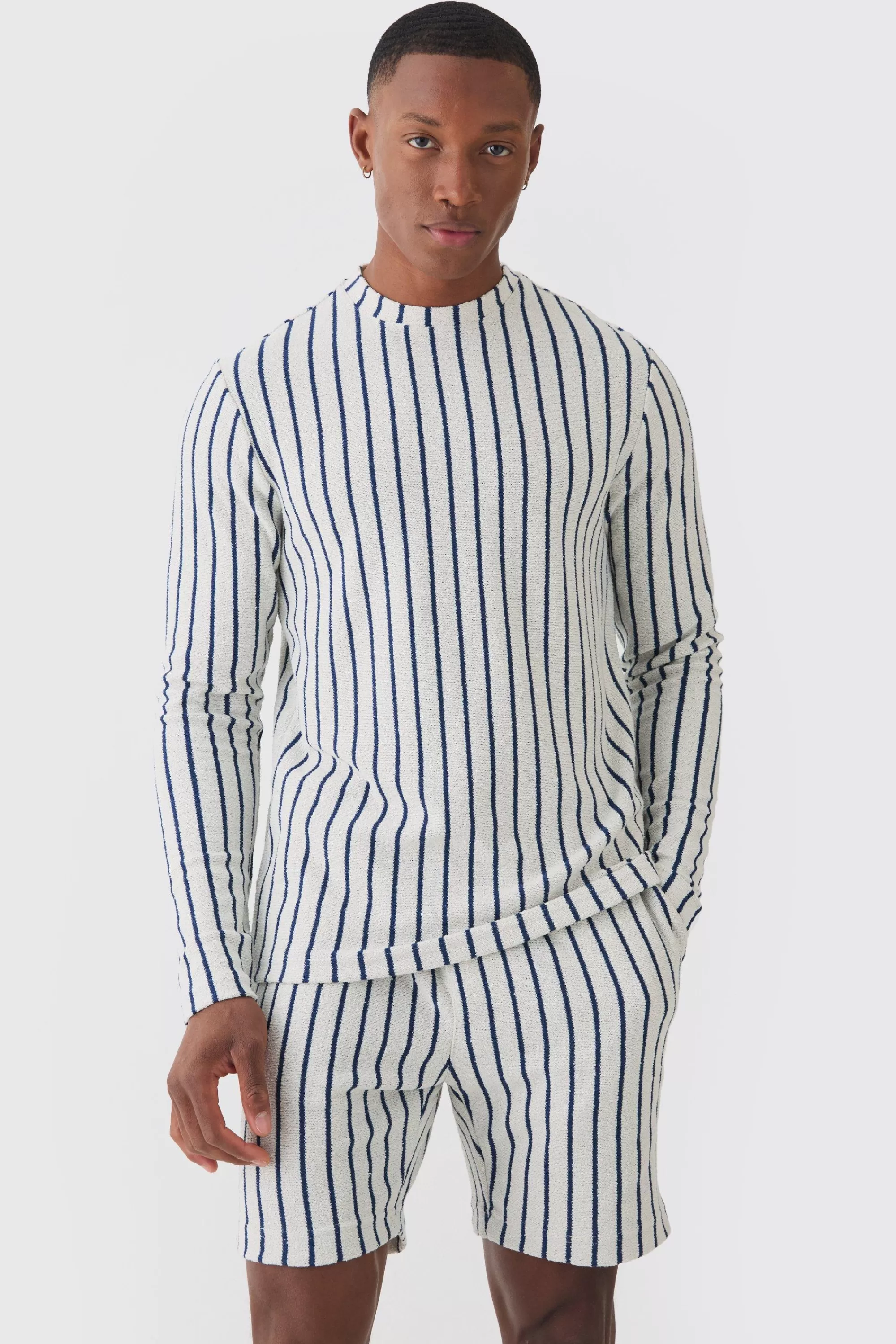 boohooMAN Striped Open Stitch Resort Shirt & Short Set | UK