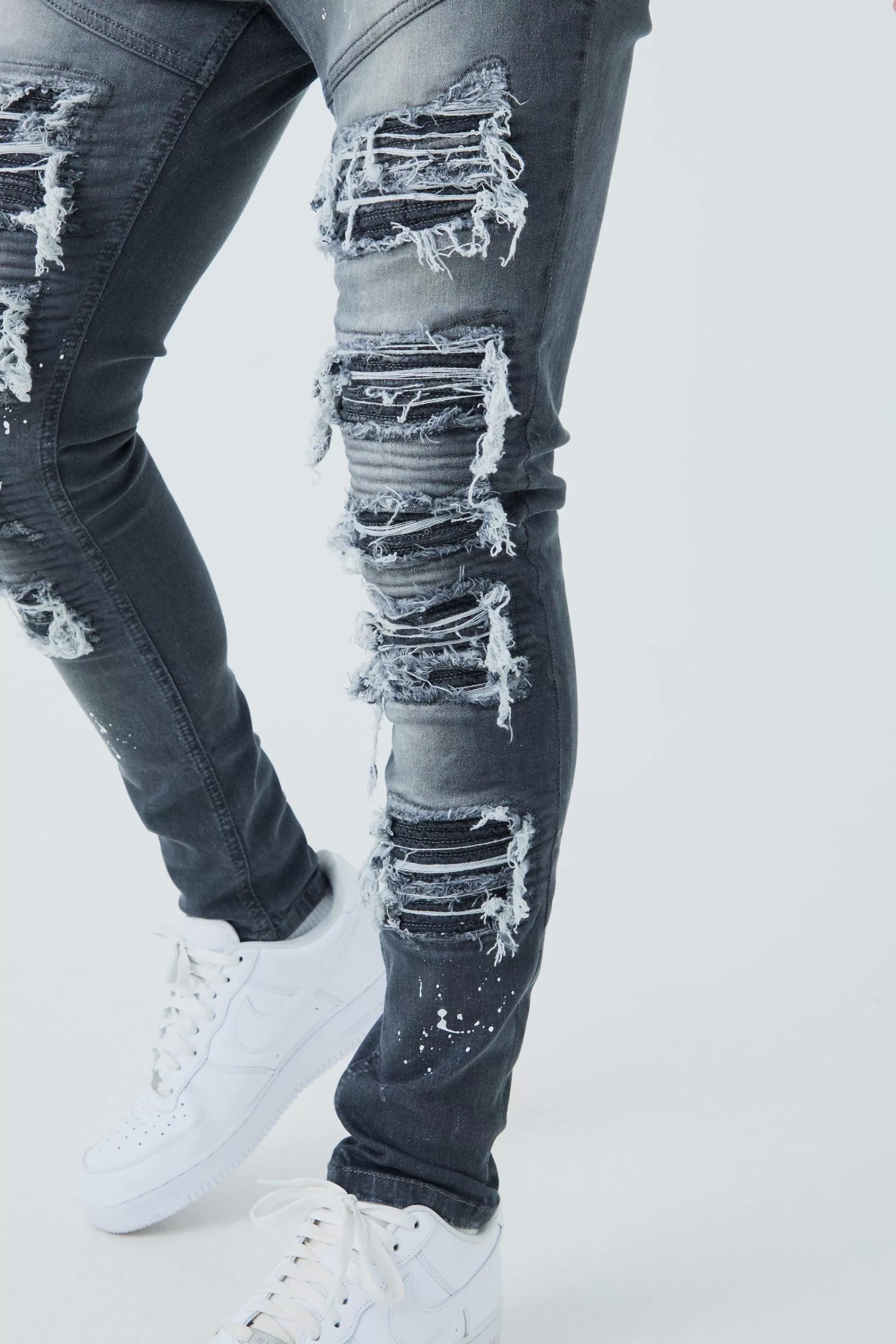 boohooMAN Super Skinny Biker Rip & Repair Paint Splatter Jeans | UK
