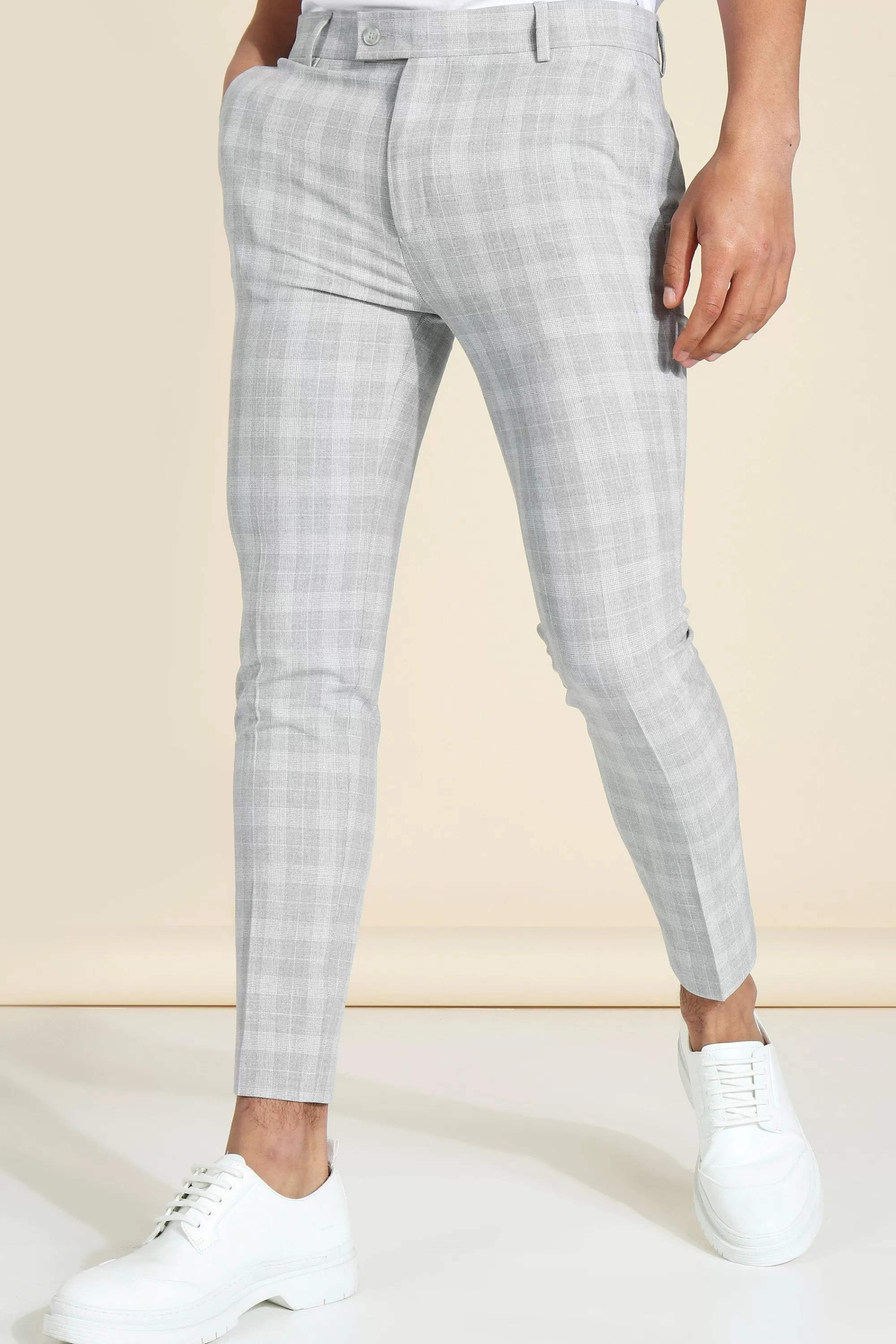 boohooMAN Super Skinny Crop Check Tailored Trouser | UK