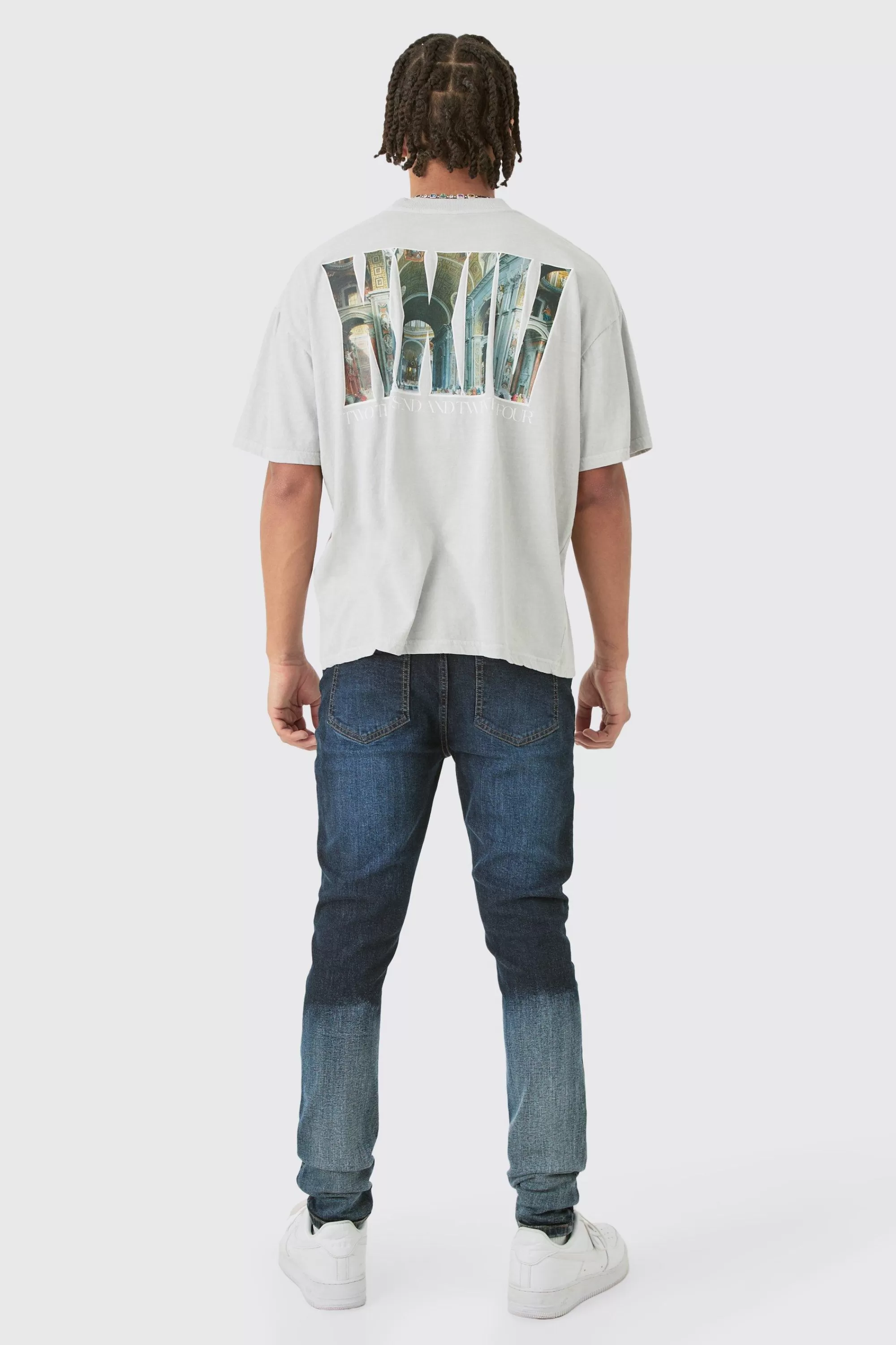 boohooMAN Super Skinny Stretch Carpenter Paint Splatter Jean In Ombre | UK