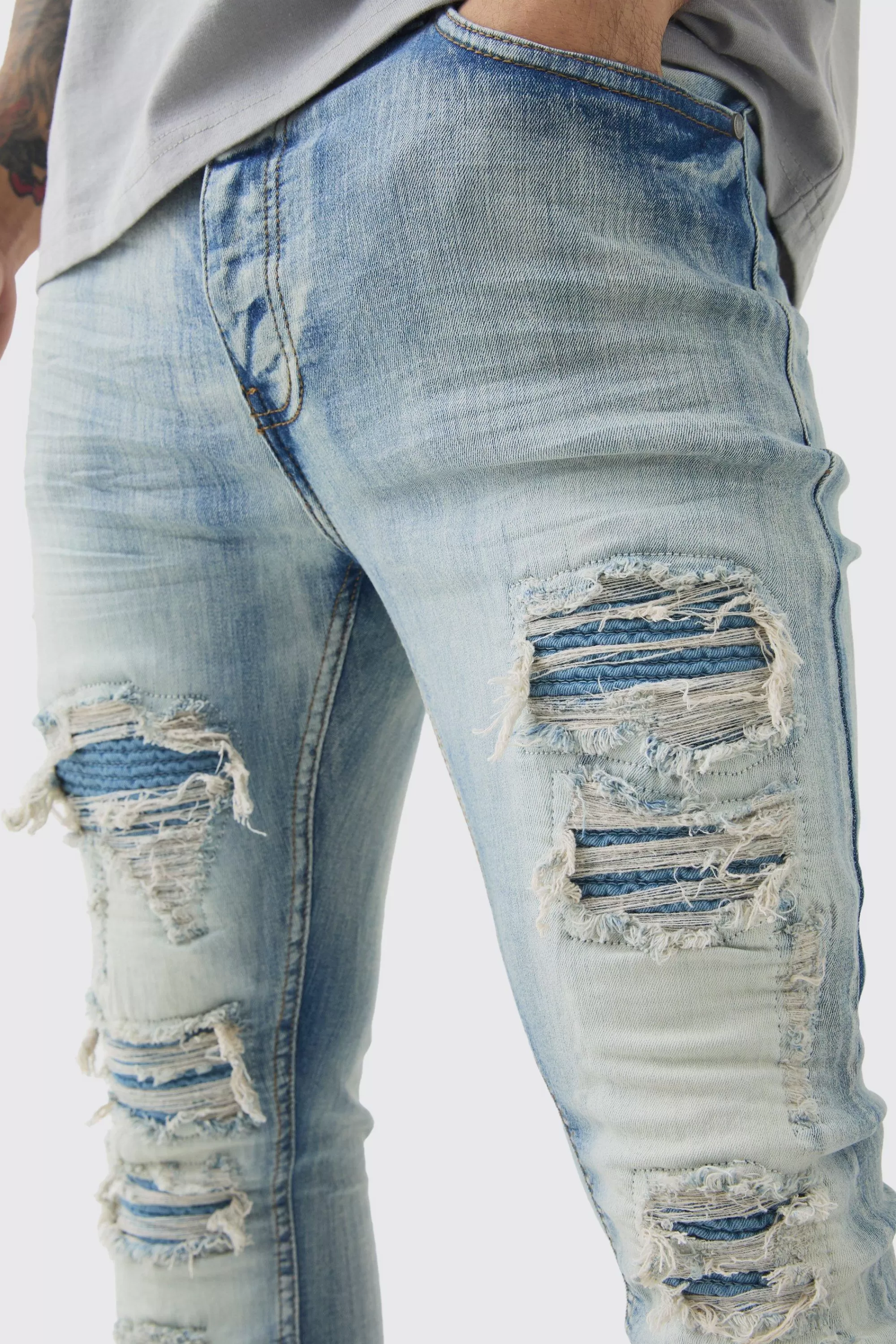 boohooMAN Super Skinny Stretch Pale Blue Biker Rip & Repair Jeans | UK